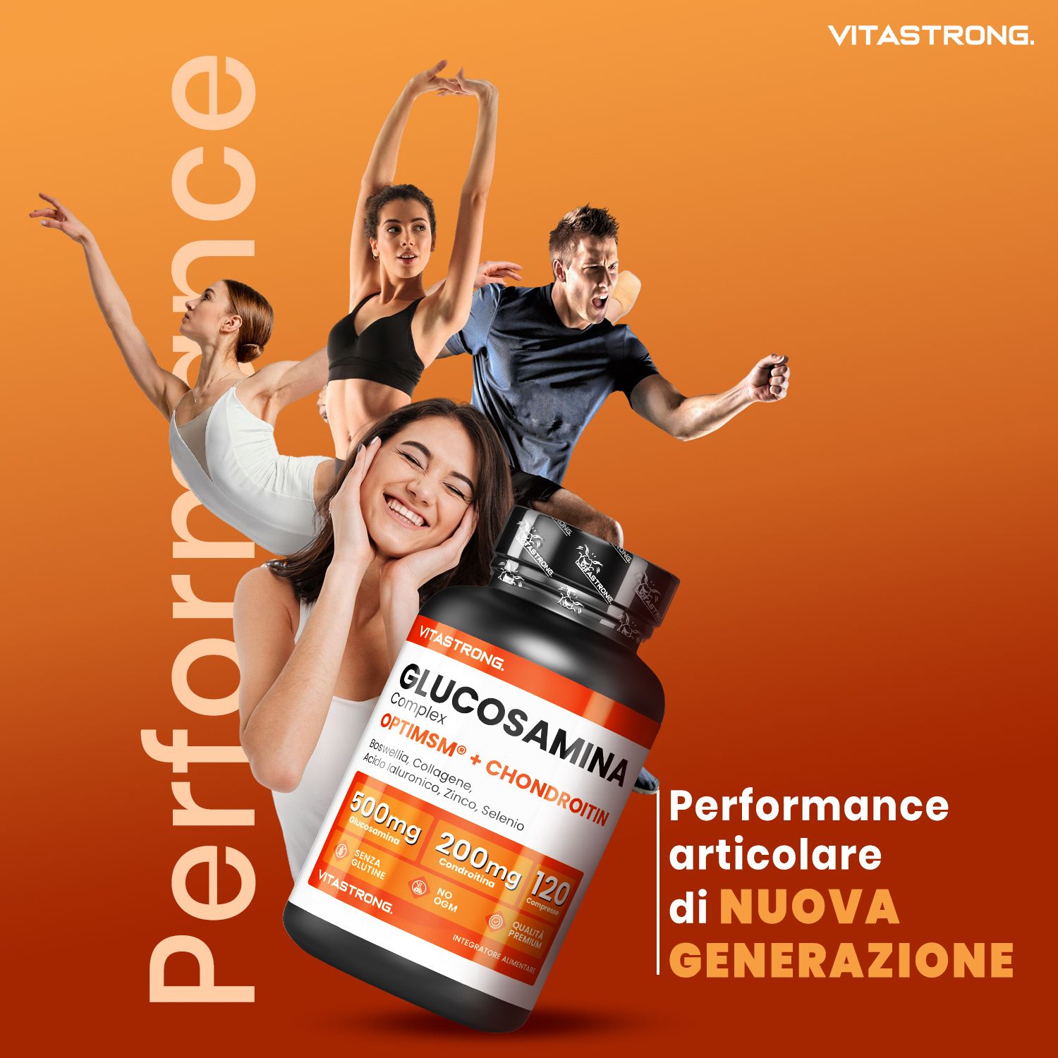 Vitastrong Glucosamin + Chondroitin. Flasche mit Tabletten. Sportler im Hintergrund. Text: Performance.