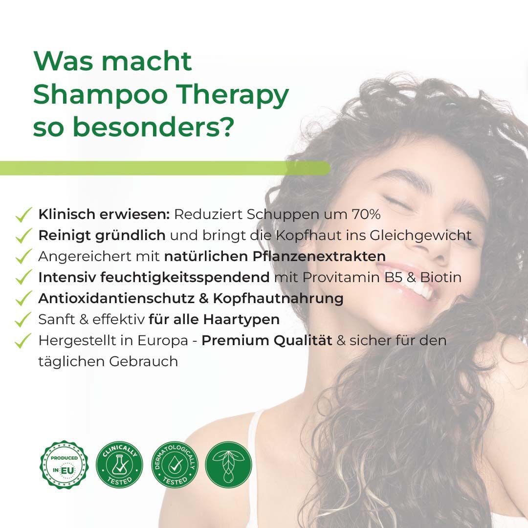 Informationen zu Shampoo Therapy. Reduziert Schuppen, reinigt, bringt Gleichgewicht, feuchtigkeitsspendend, antioxidativ, sanft.