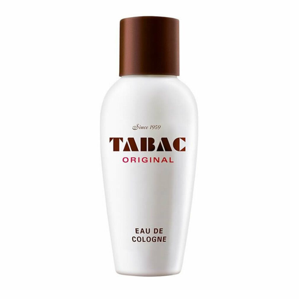 Weiße Flasche mit braunem Deckel. Aufschrift: TABAC ORIGINAL, Eau de Cologne. Seit 1959.
