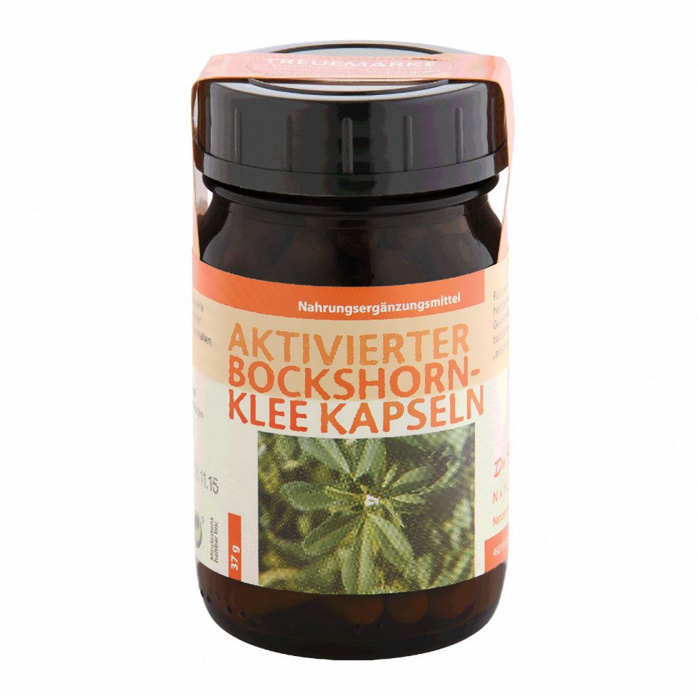 Braune Glasflasche mit schwarzem Deckel. Aufschrift: Aktivierter Bockshornklee Kapseln. Etikett mit Pflanzenabbildung.