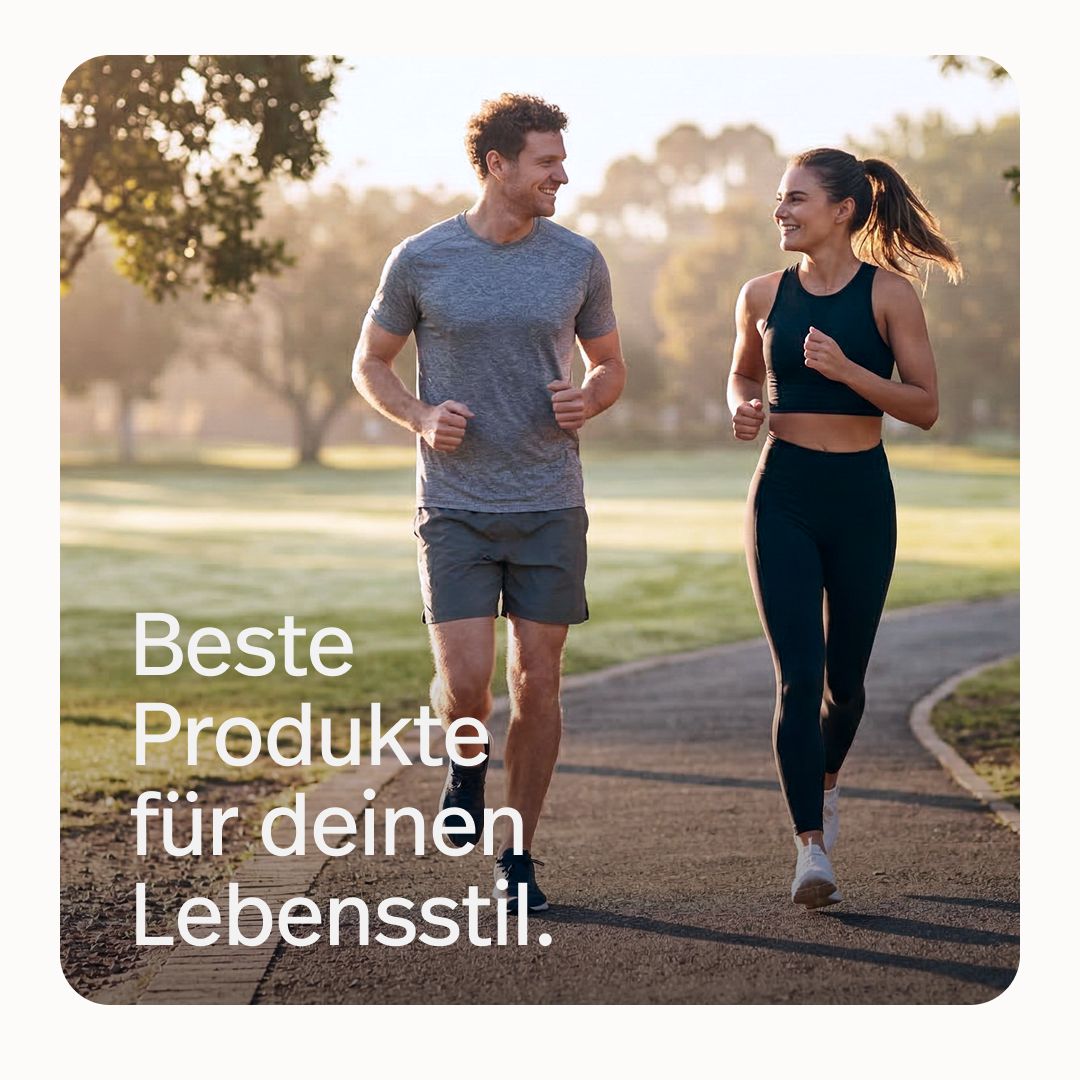 Ein Mann und eine Frau joggen im Park. Text: "Beste Produkte für deinen Lebensstil."