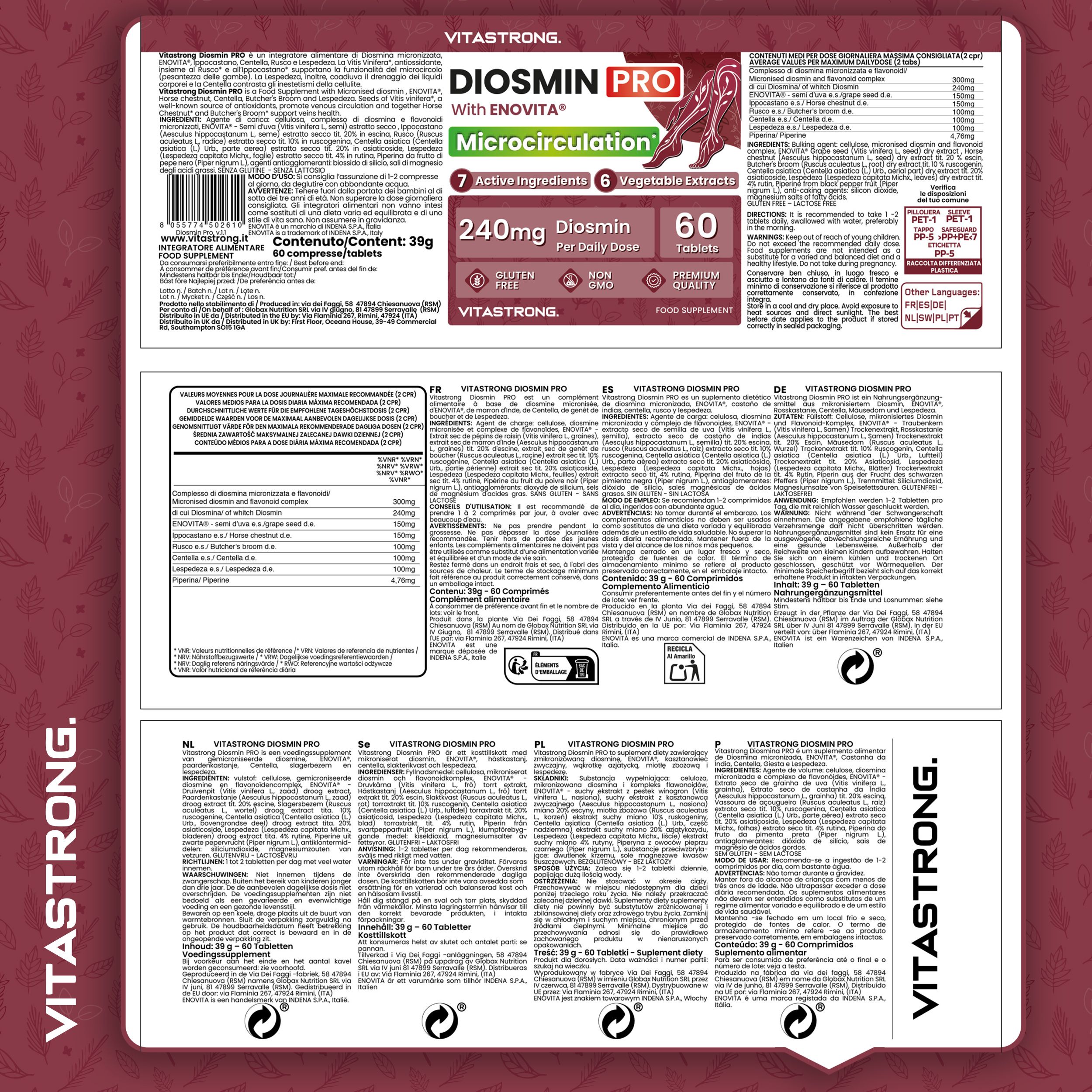 Vitastrong Diosmin PRO. Verpackung mit Text in verschiedenen Sprachen. Enthält Informationen zu Inhaltsstoffen und Dosierung.