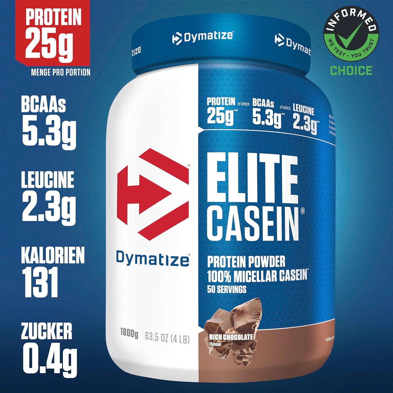 Dymatize Elite Casein Protein Pulver Rich Chocolate – Casein Eiweißpulver mit BCAAs
