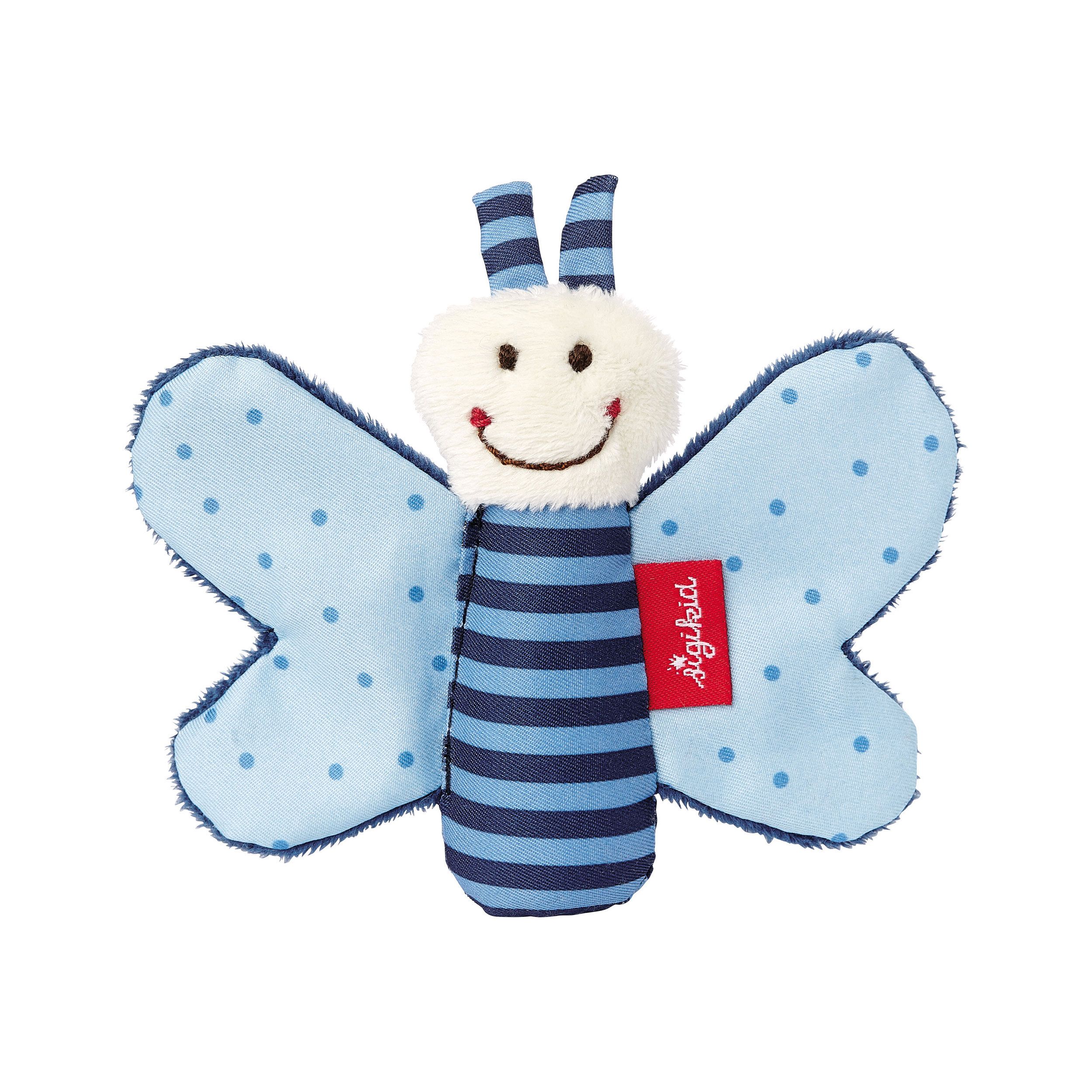 Blauer Schmetterling-Greifling mit Punkten und Streifen. Rotes SIGIKID-Etikett.
