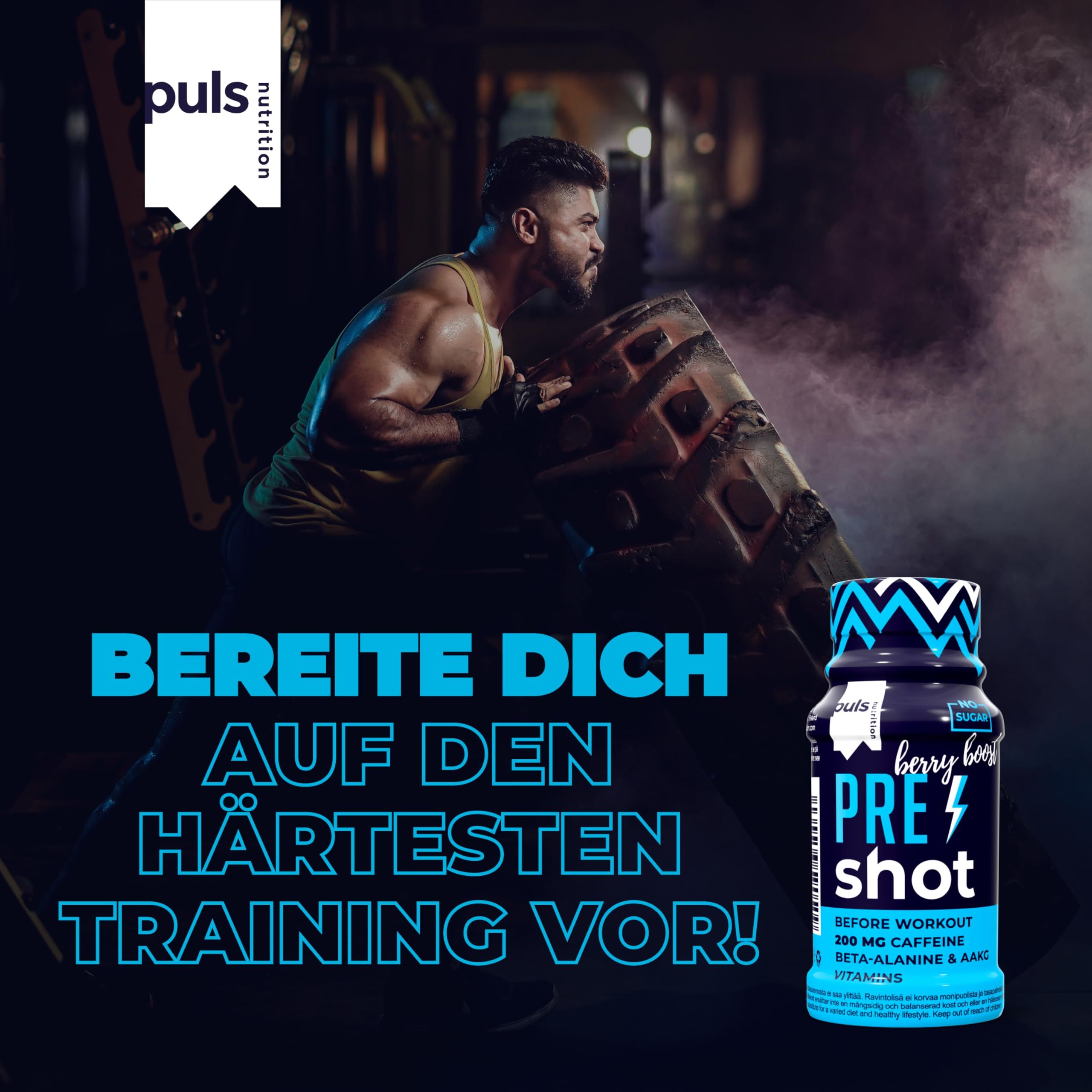 Mann hebt schweres Rad, daneben Flasche Pre-Workout-Shot.