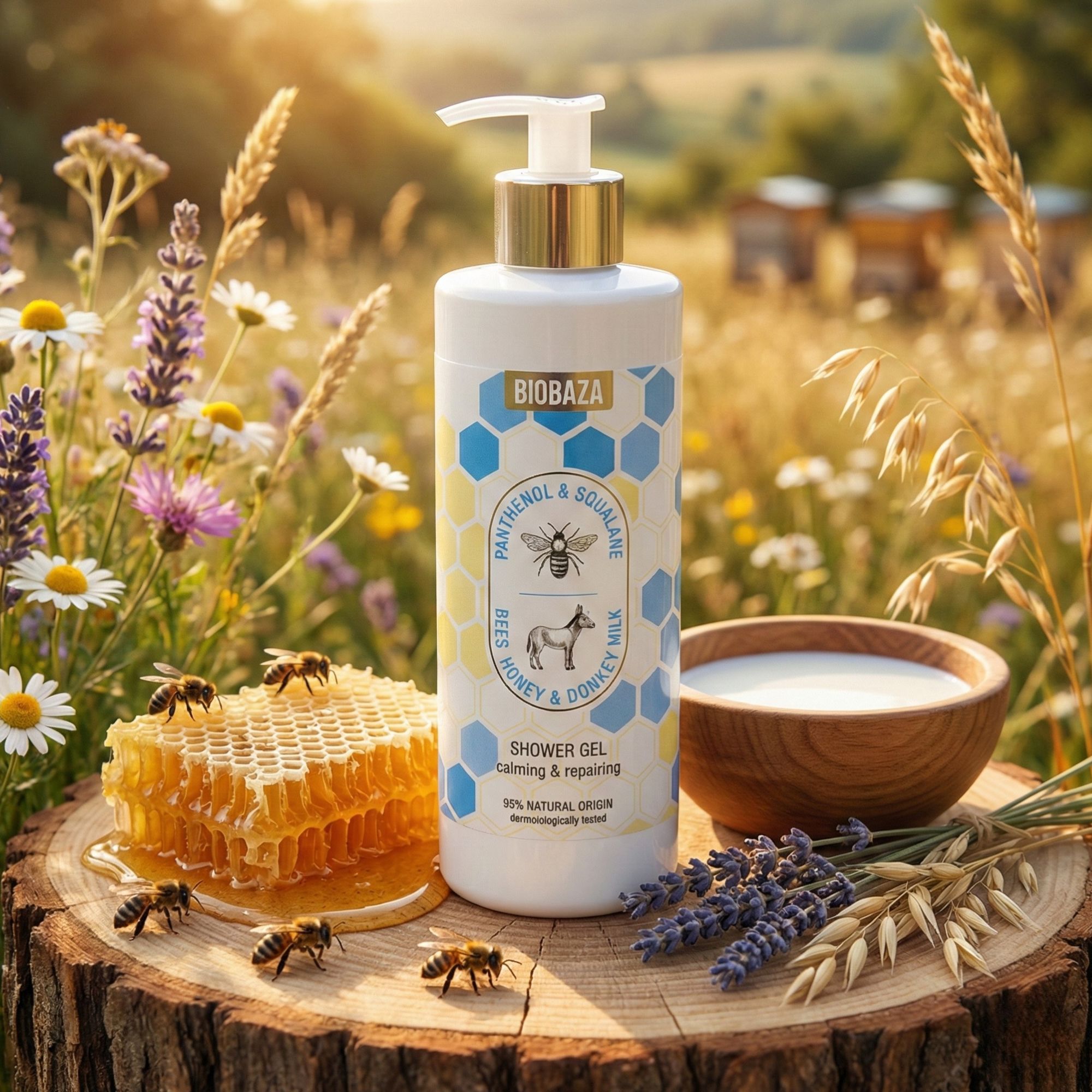 Weiße Flasche mit blau-gelbem Etikett auf Baumstumpf. Honigwabe, Bienen, Milch, Lavendel und Getreide.