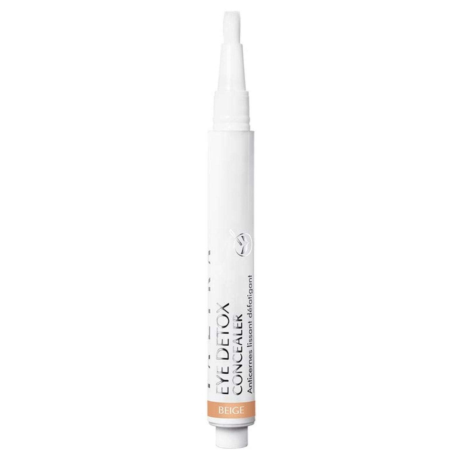 Weißer Stift mit Aufschrift EYE DETOX CONCEALER BEIGE. Spitze mit Applikator. Produktname und Farbe deutlich sichtbar.