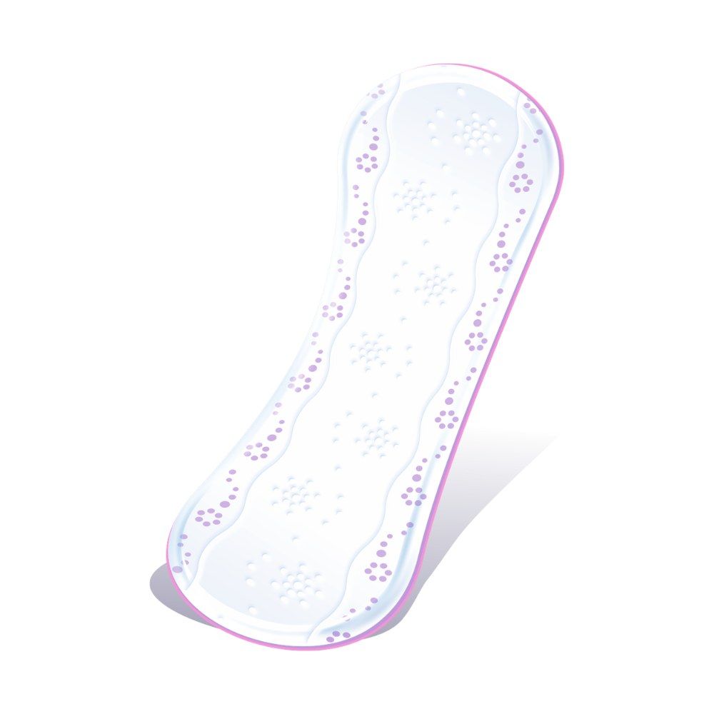 Eine einzelne, weiße Seni Lady Slim Micro Plus Einlage. Rosa Umrandung. Oberfläche mit kleinen Punkten. Abgerundete Form.