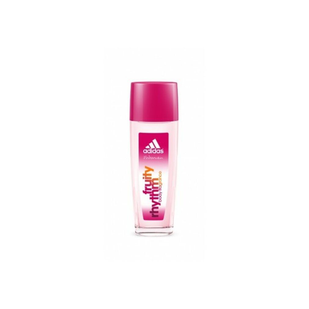 Deo-Glas mit pinkfarbenem Deckel. Aufkleber mit Logo und Schriftzug: fruity rhythm body fragrance.