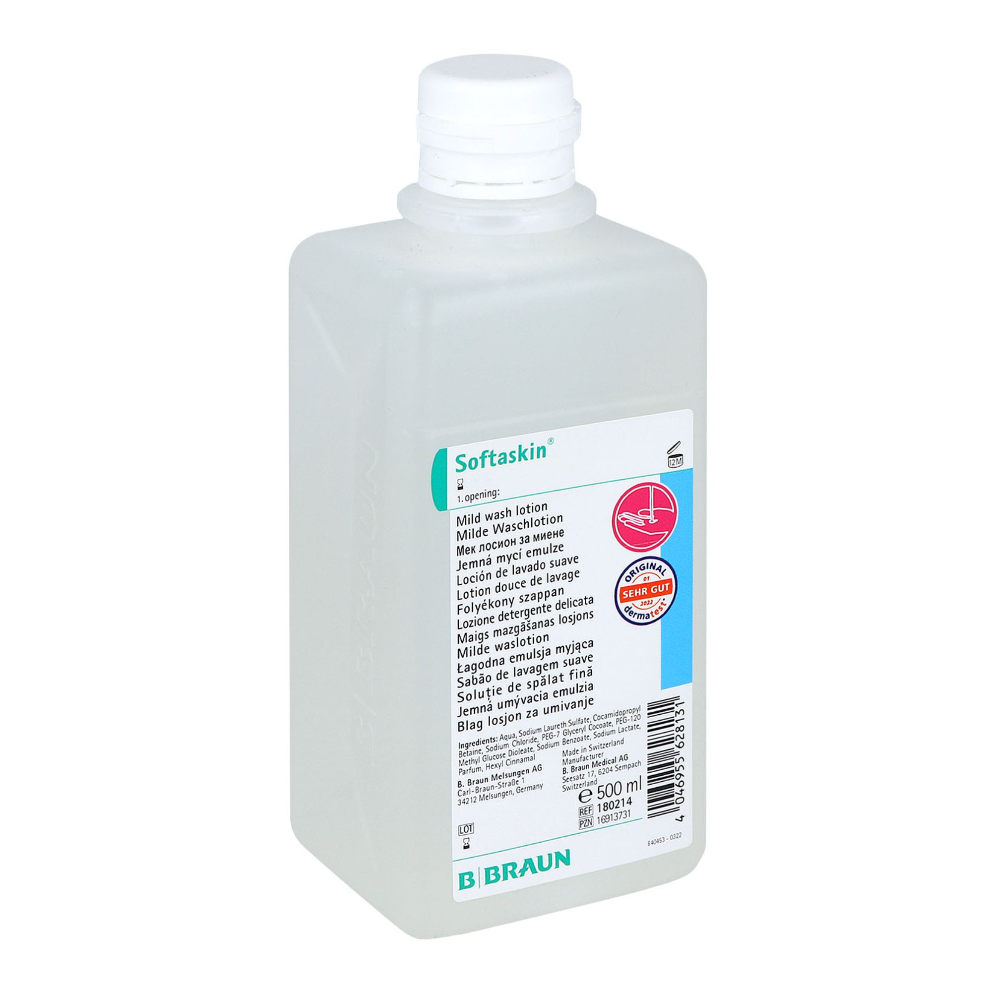 Flasche Softaskin Waschlotion. Weißer Deckel, transparente Flasche, Etikett mit Produktinformationen und Logo.