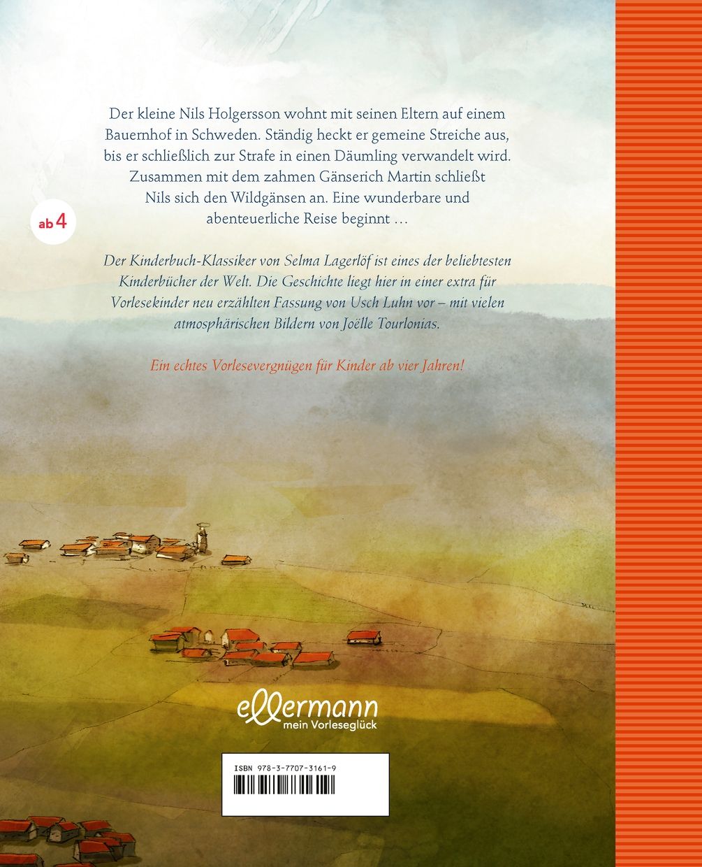 Buchrückseite: Text und Illustrationen. Titel: Nils Holgersson. Verlag: Ellermann. ISBN-Code.