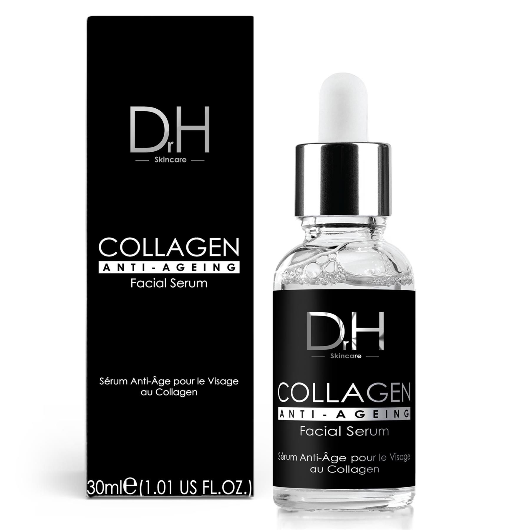 Dr H Skincare Kollagen Anti-Aging Gesichtsserum in Glasflasche mit Pipette und Umverpackung.
