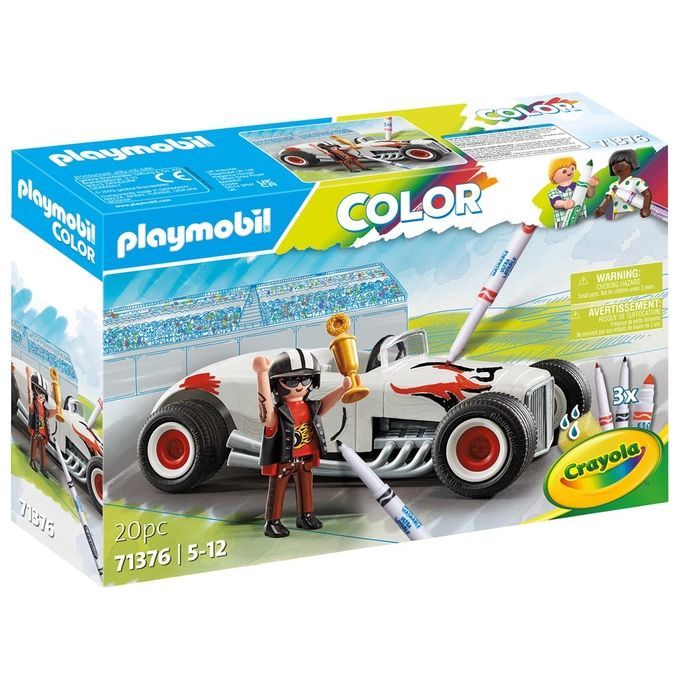 Set di gioco Playmobil 71376. La confezione mostra un'auto da corsa bianca con fiammate rosse, un pilota con un trofeo e pennarelli. Contiene 20 pezzi. Adatto a bambini dai 5 ai 12 anni. È visibile anche il logo Crayola.