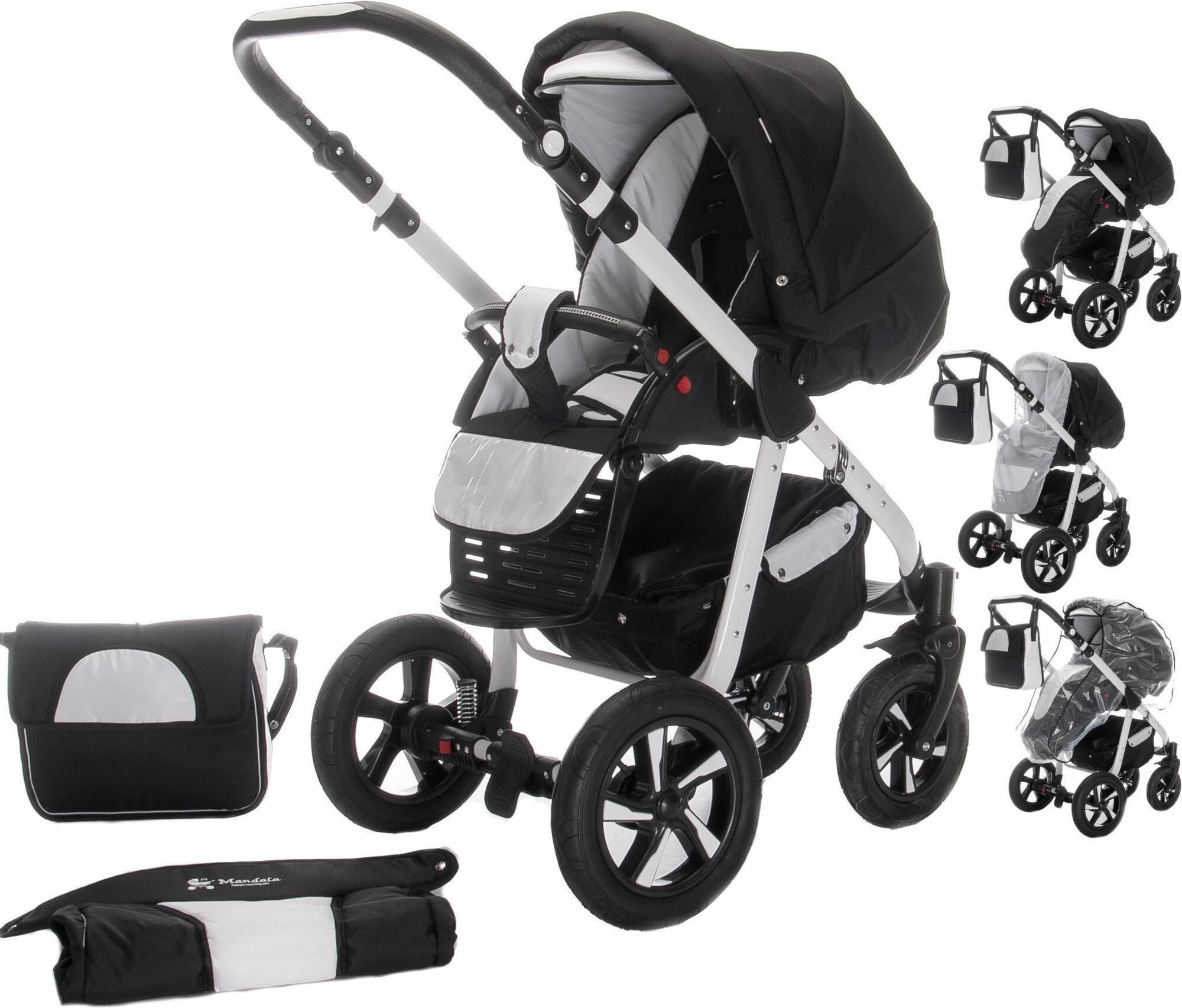 Schwarzer Kinderwagen mit weißem Gestell. Inklusive Tragetasche und Zubehör. Mehrere Ansichten.