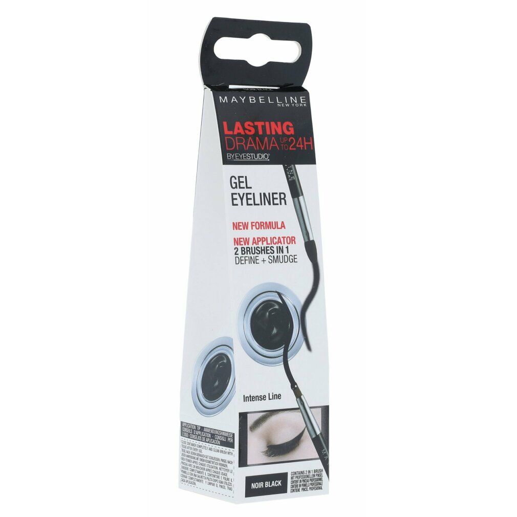 Verpackung mit schwarzem Gel-Eyeliner. Marke Maybelline New York. Text: Lasting Drama 24H. Zwei Behälter abgebildet.