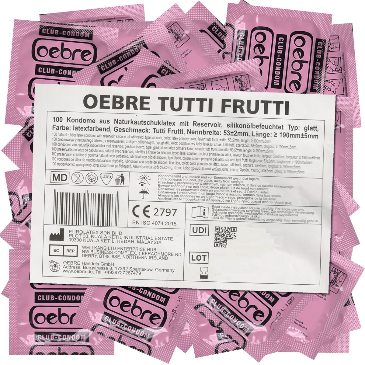 Rosa Kondome in Einzelverpackungen. Aufdruck: Oebre, Tutti Frutti. Auf einem weißen Etikett: CE-Kennzeichnung, Produktinformationen.