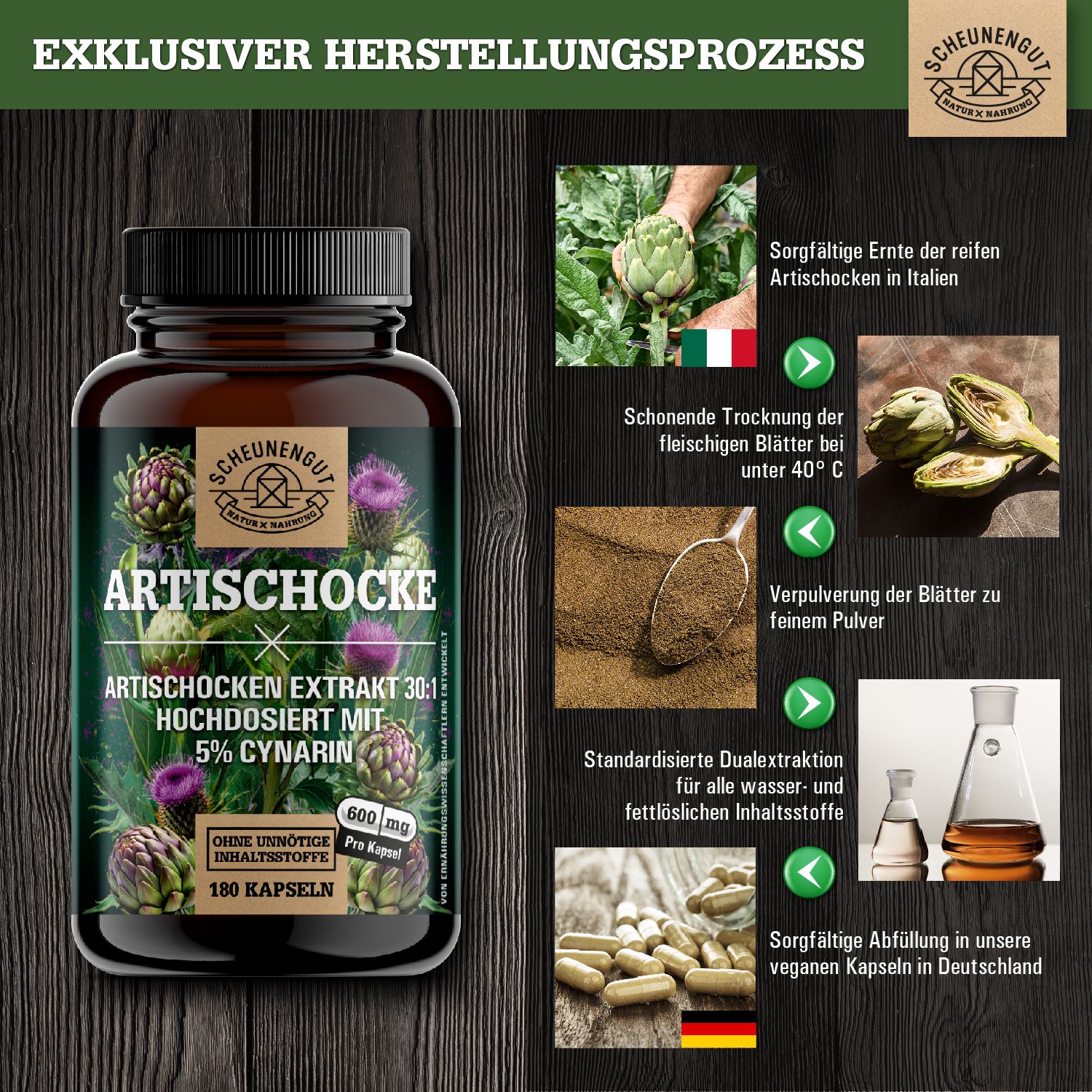 Scheunengut® Artischocken Extrakt 30:1 | Hochdosiert mit mindestens 30mg Bitterstoffen 100% rein 180 St Kapseln