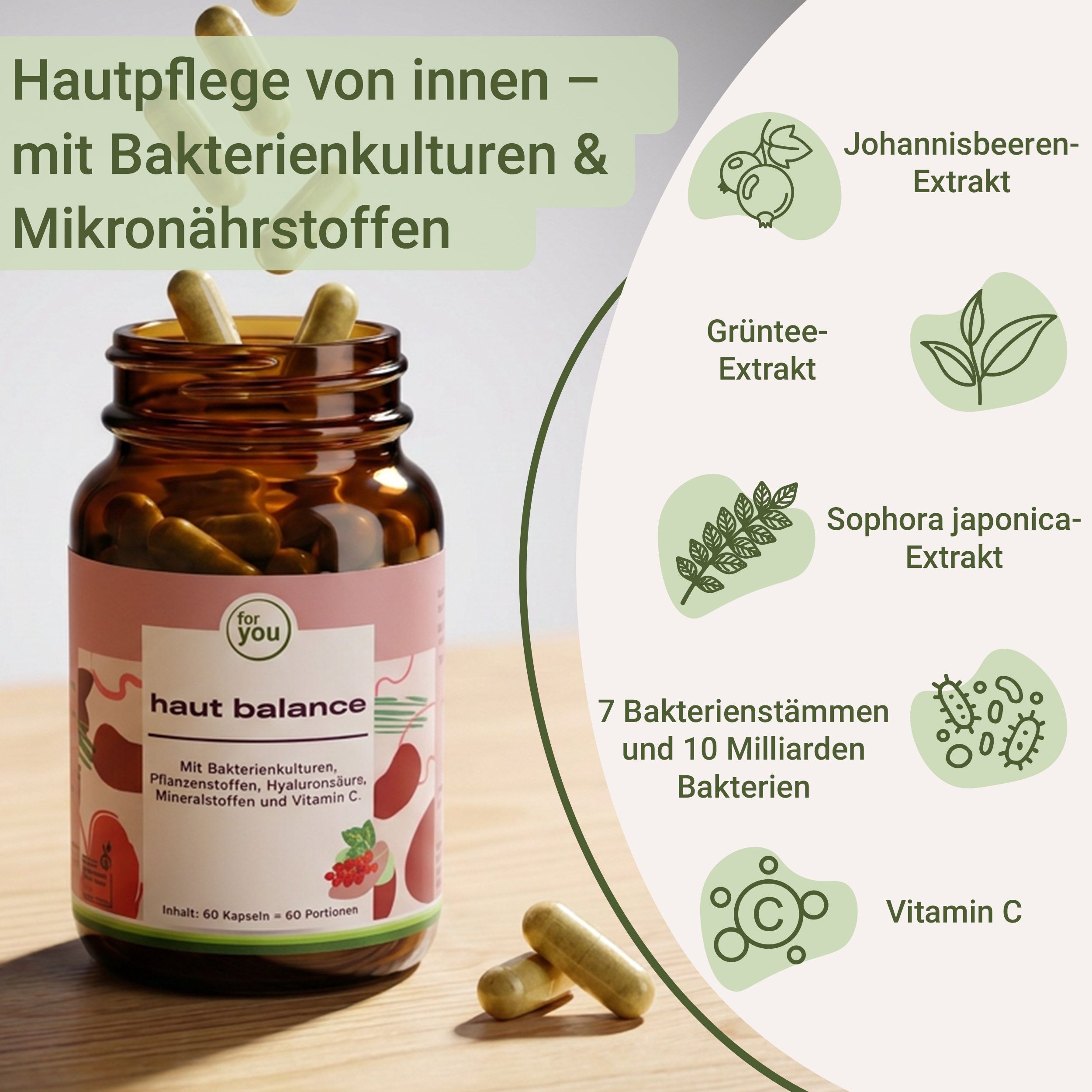 Braune Flasche mit Kapseln. Aufschrift: Haut Balance. Text: Hautpflege von innen mit Bakterienkulturen & Mikronährstoffen. Abgebildet: Inhaltsstoffe.