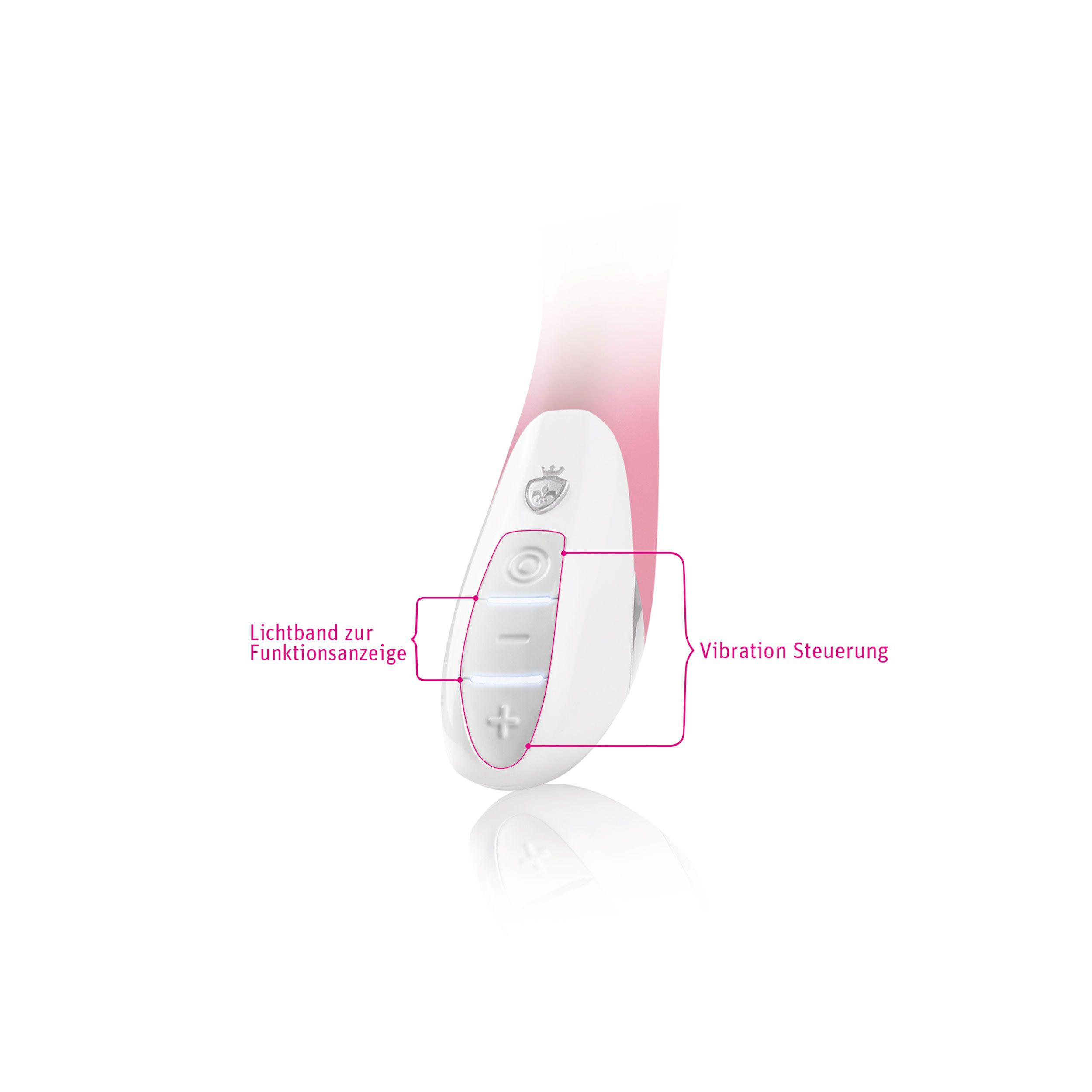 Nahaufnahme des weißen Bedienfelds. Beschriftung: Vibration Steuerung, Lichtband zur Funktionsanzeige. Plus- und Minus-Tasten.
