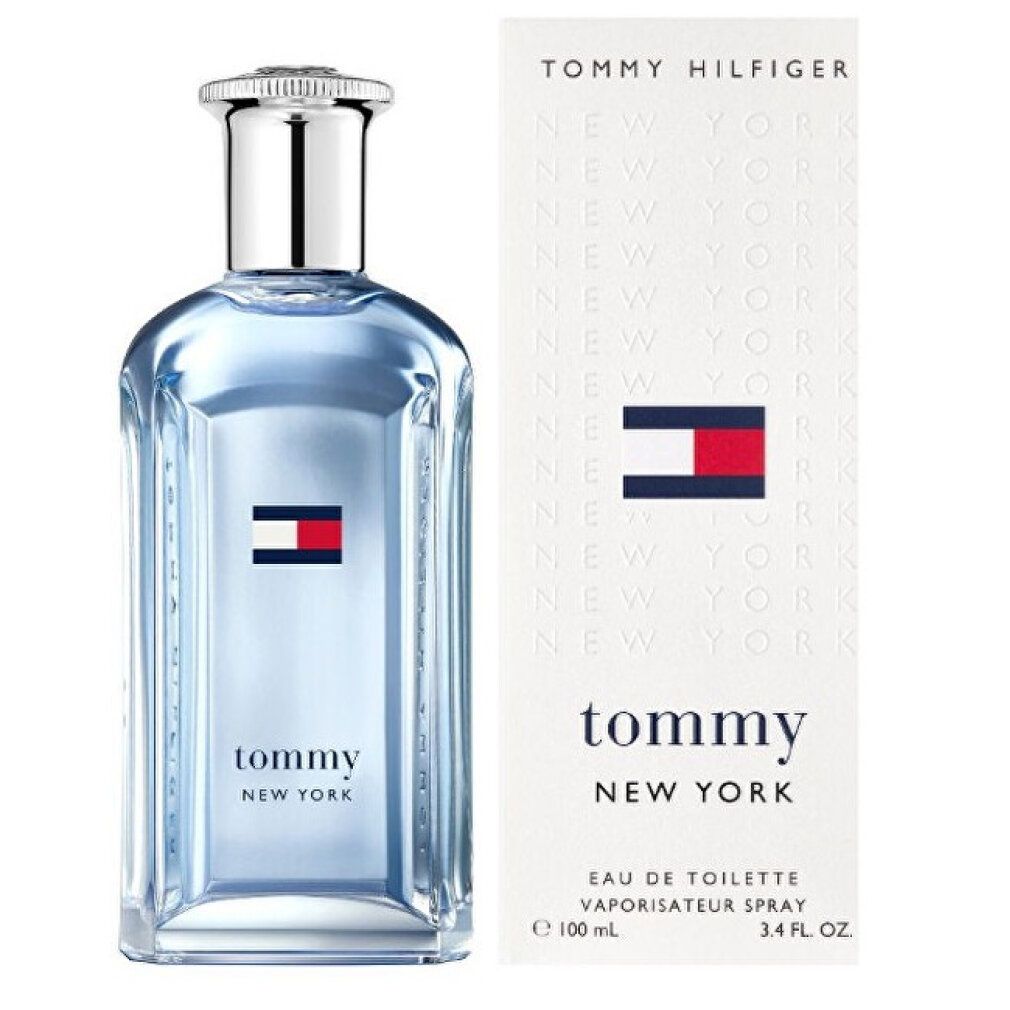 Tommy Hilfiger Tommy New York Eau de Toilette Flakon und Verpackung mit Tommy-Flagge und Text.