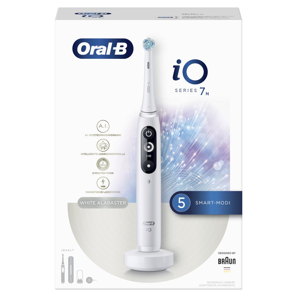 Verpackung der elektrischen Zahnbürste iO Series 7N White Alabaster. Produkt und Funktionen abgebildet. Marke Oral-B.