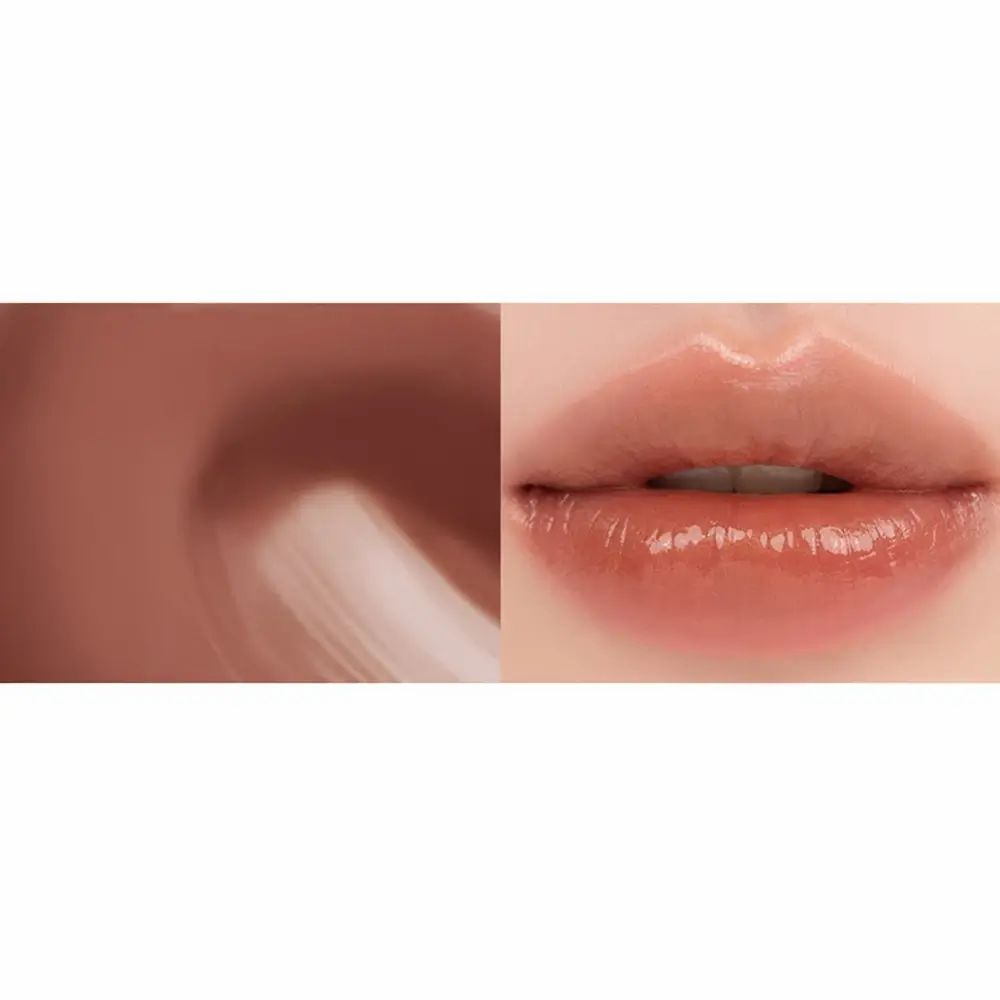Lippen mit glänzendem Lipgloss. Rechts: Lippen mit glänzendem, bräunlichem Lipgloss. Links: Farbverlauf des Lipglosses.