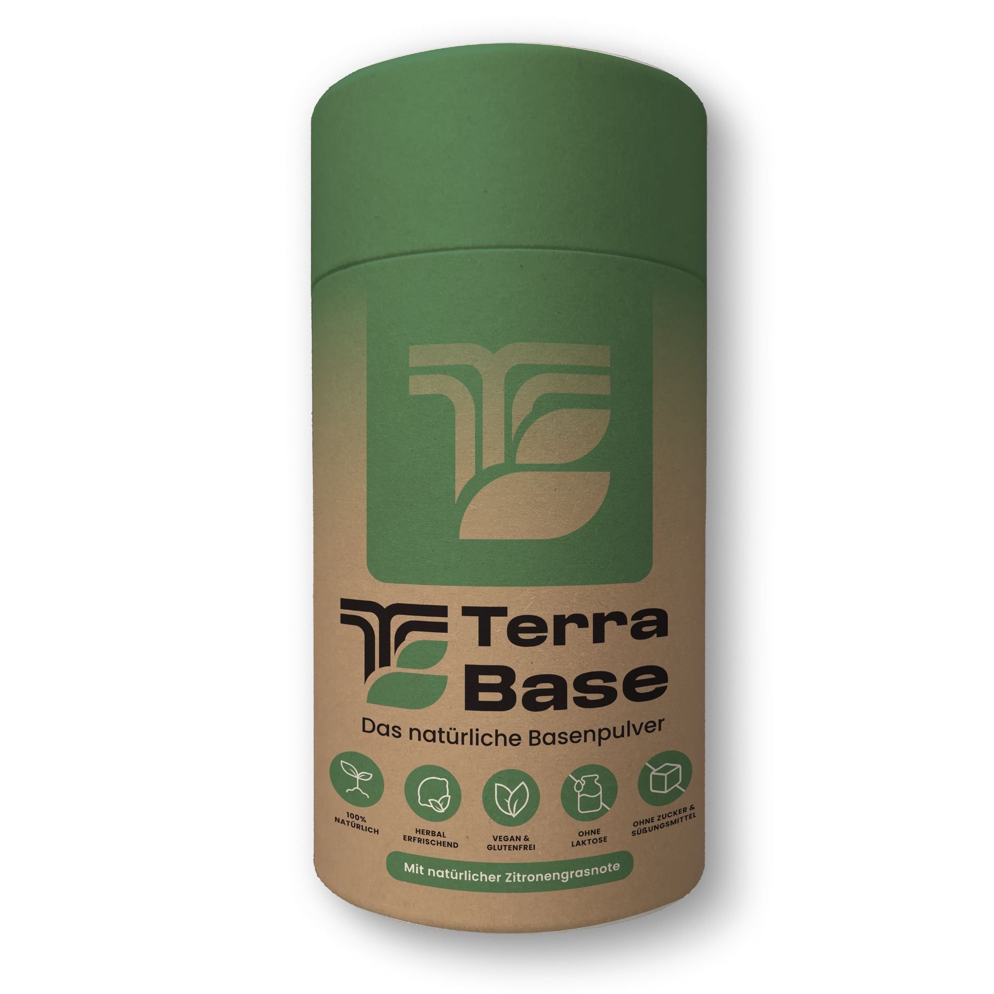 Zylindrische Dose mit Produktlogo und Text. Aufschrift: TerraBase, natürliches Basenpulver. Zusätzliche Icons und Text.
