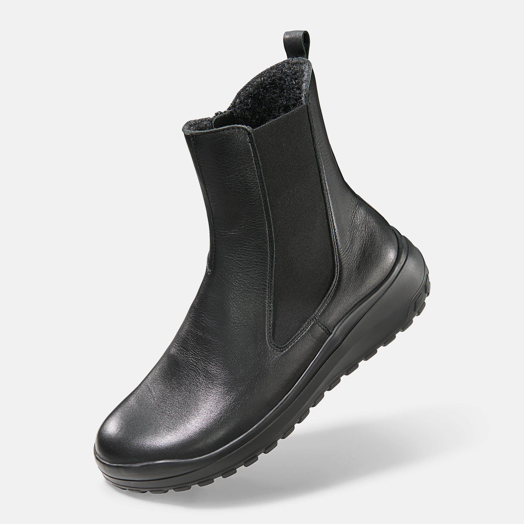 Schwarze Leder-Stiefelette mit Reißverschluss, elastischem Seiteneinsatz und gefüttertem Schaft.