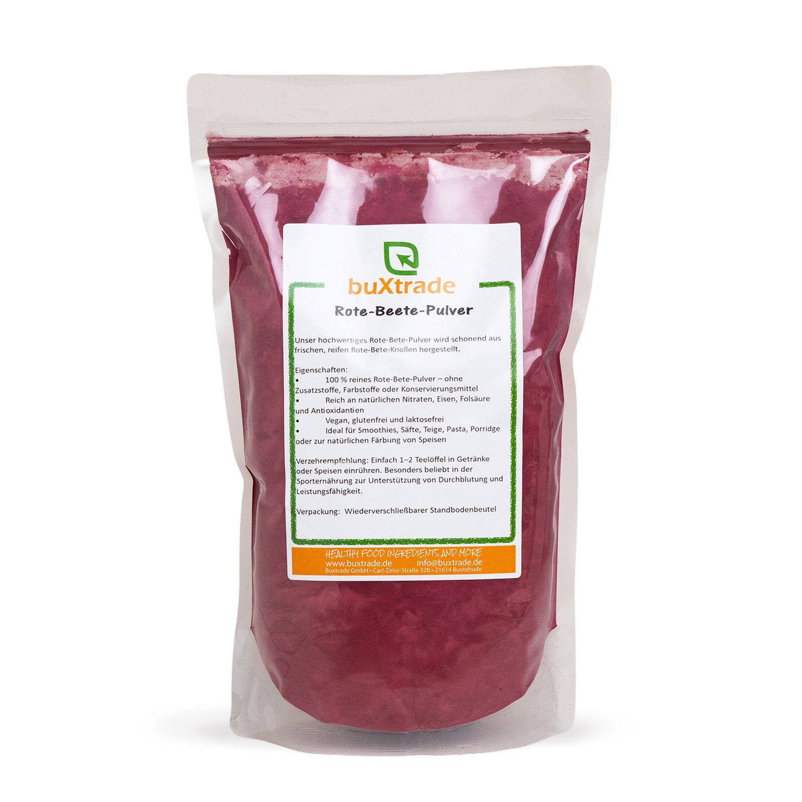 Verpackung mit buXtrade Rote-Bete-Pulver. Transparente Tüte, Etikett.