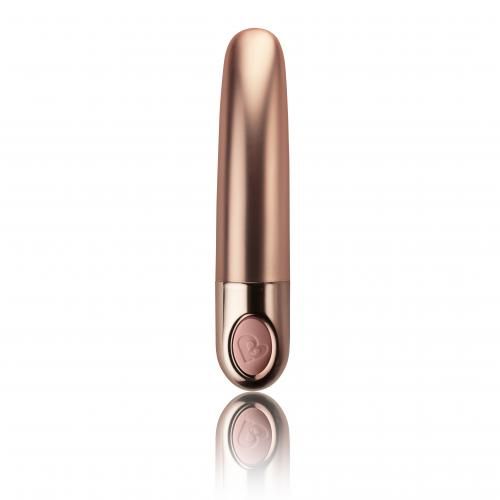 Zylindrischer, roségoldfarbener Vibrator mit abgerundeter Spitze. Am unteren Ende befindet sich ein rosafarbener Knopf mit Herzsymbol.