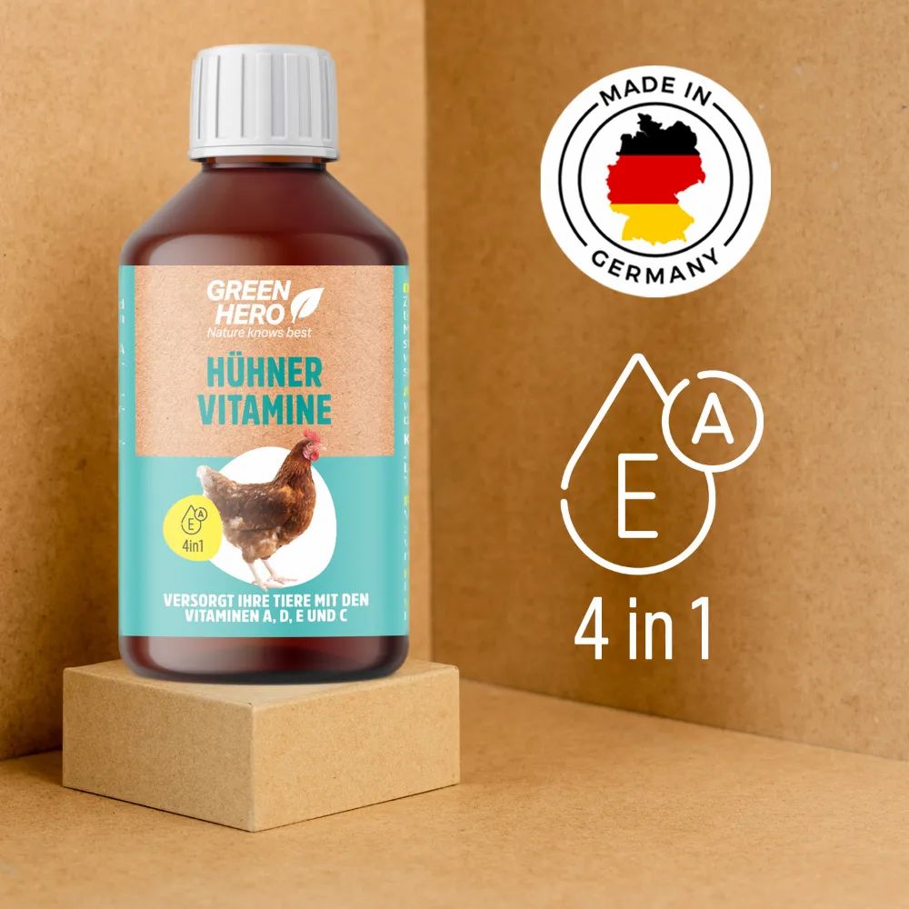Braune Flasche mit weißem Deckel. Etikett mit Produktname und Huhn-Illustration. Logo: Made in Germany, 4 in 1.