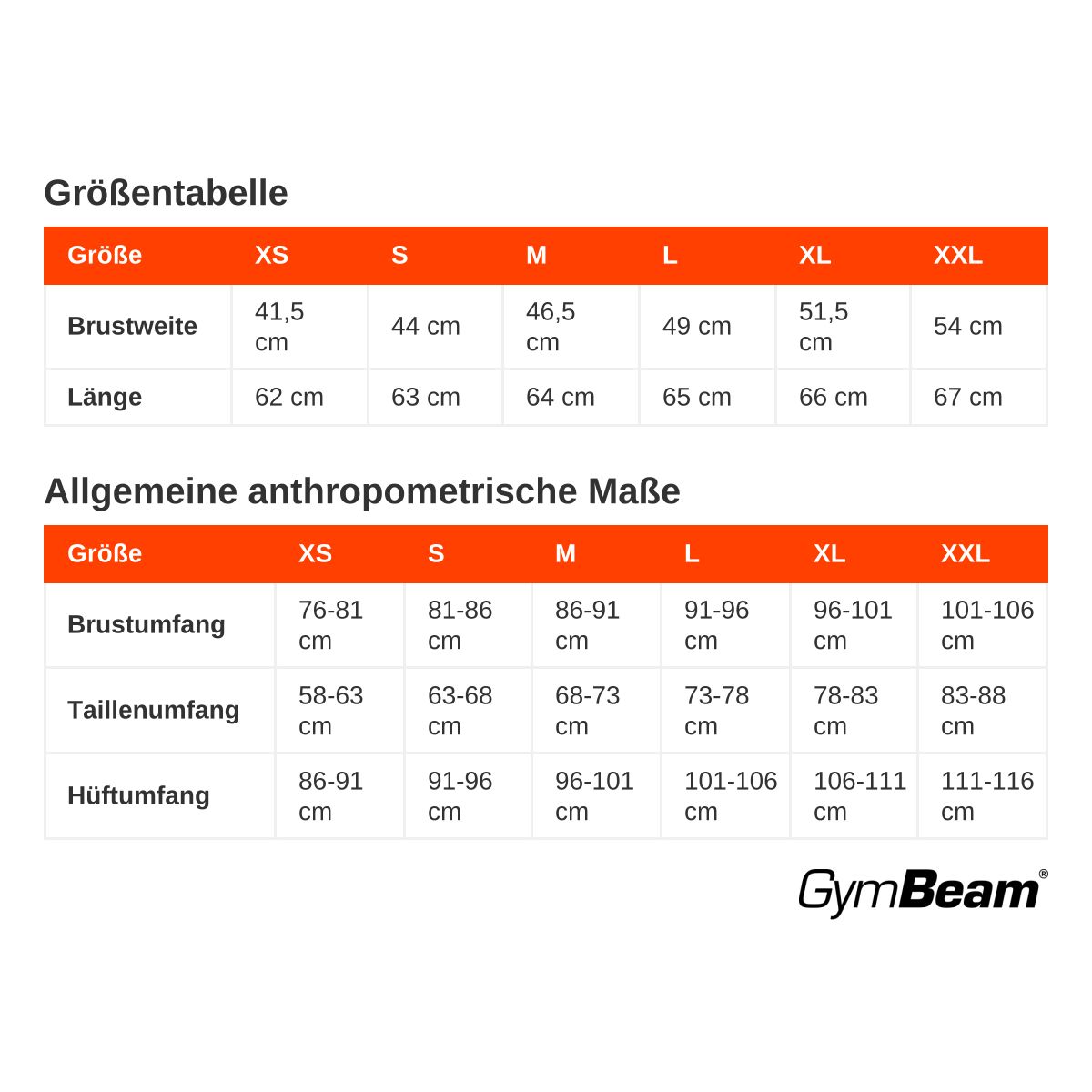 Größentabelle für GymBeam Damen-T-Shirts: Brustweite, Länge, Brustumfang, Taillenumfang, Hüftumfang.