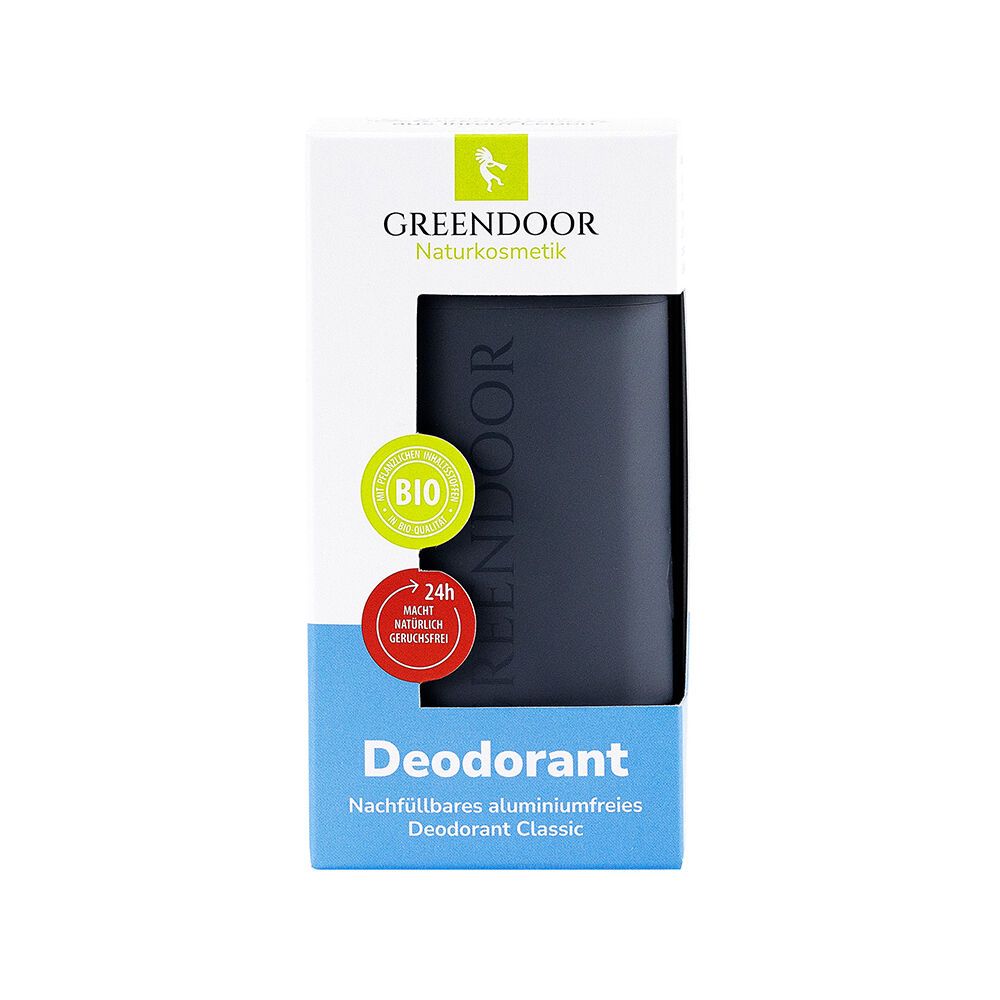 Deodorant-Starter-Set in Verpackung. Marke GREENDOOR. Bio-Siegel und 24h-Schutz-Symbol. Text: Nachfüllbares aluminiumfreies Deodorant Classic.