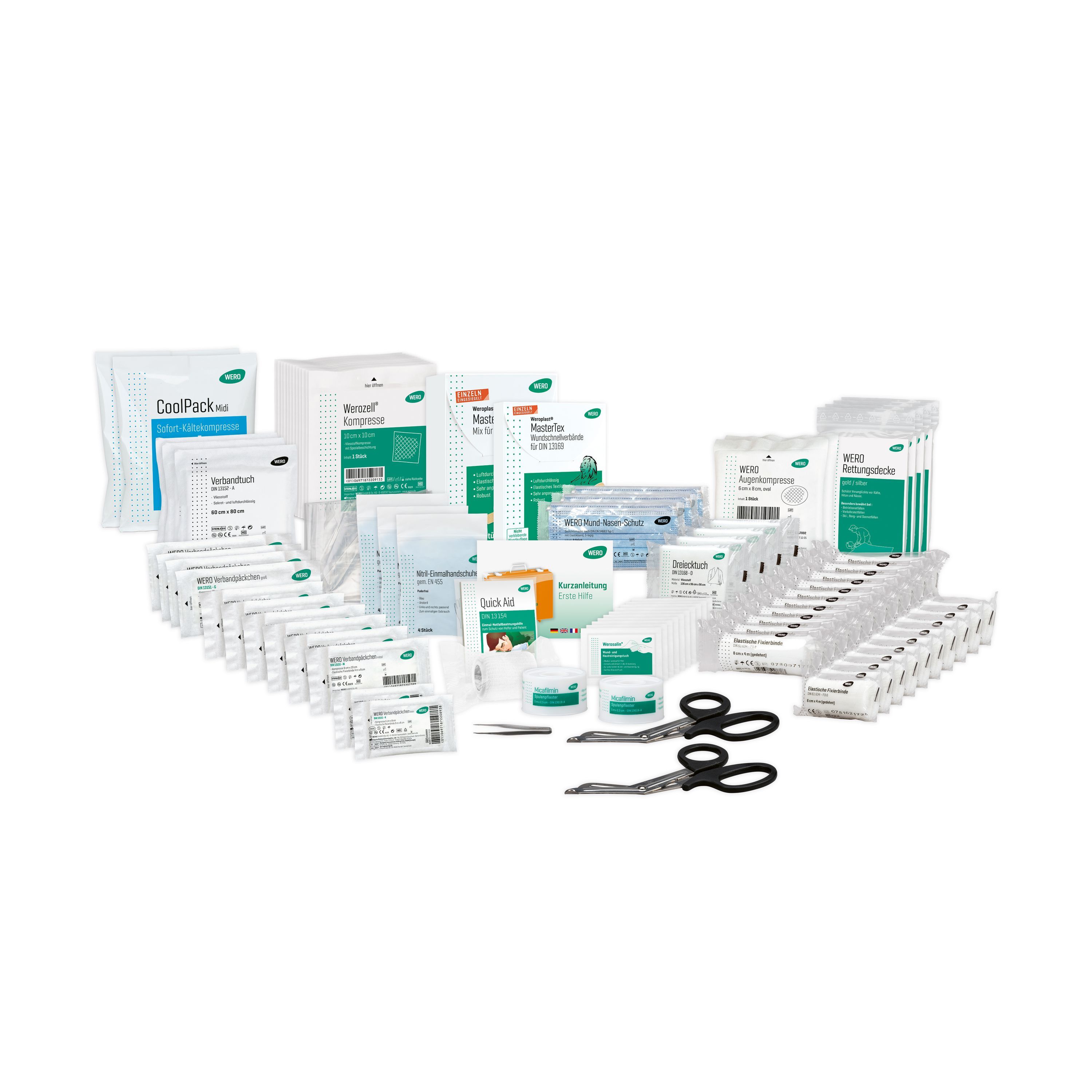 Erste-Hilfe-Set mit Verbandsmaterial, Scheren, Kühlpackungen und weiteren medizinischen Artikeln. Viele Einzelverpackungen.