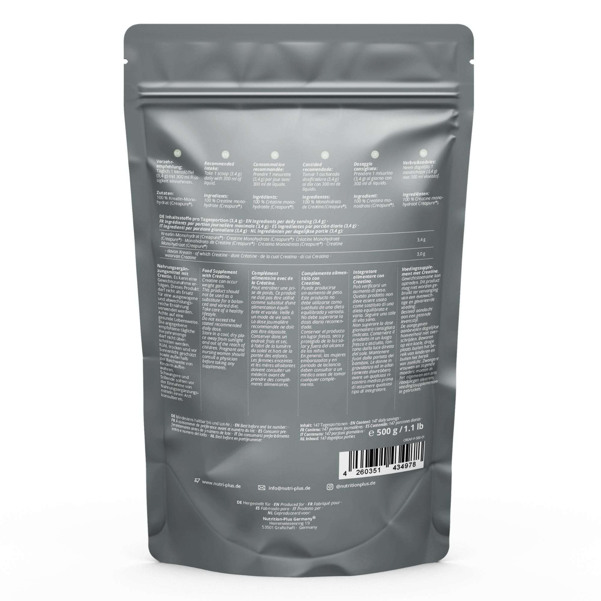 Rückseite eines Beutels mit Nutri+ Kreatinpulver, 500g, mit Nährwertangaben und Inhaltsstoffen.