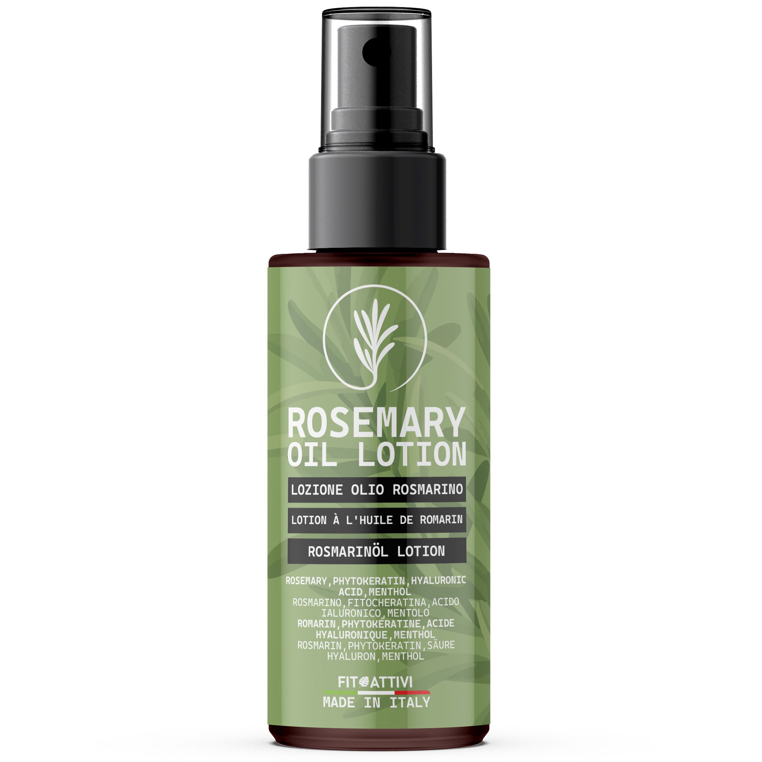 Produktabbildung. Flasche Rosmarinöl-Lotion. Schwarzer Deckel, grünes Etikett. Text: Rosemary Oil Lotion, Rosmarinol Lotion, Made in Italy.