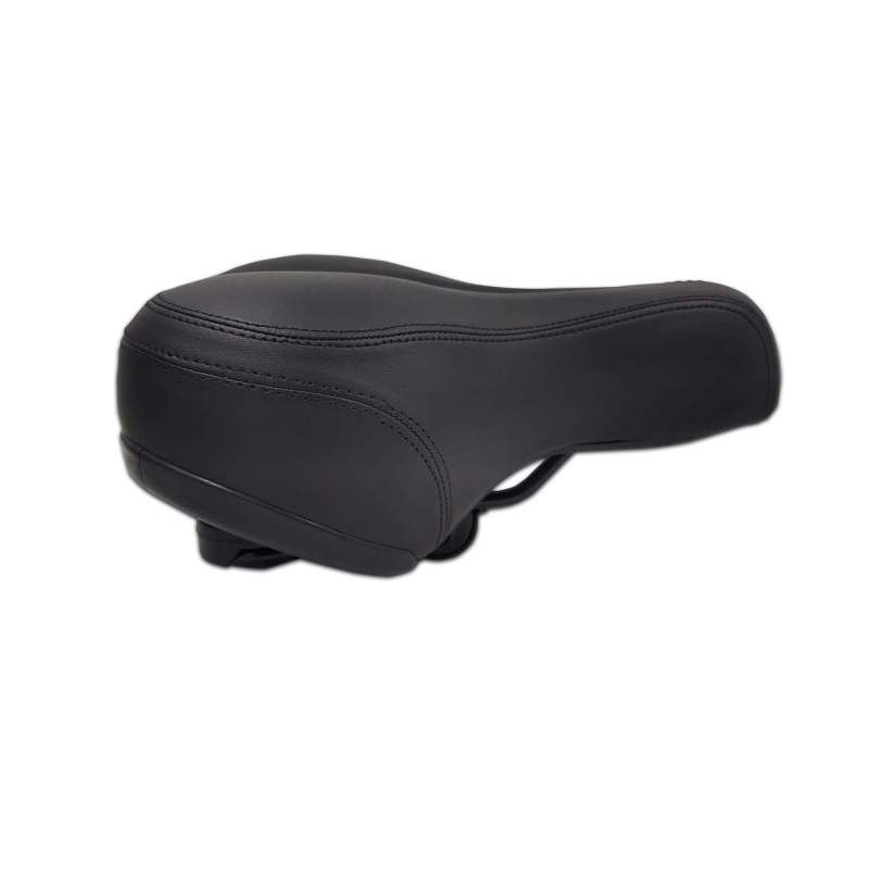Schwarzer Fahrradsattel, Seitenansicht. Gepolsterte Oberfläche, ergonomische Form. Für Fahrräder.