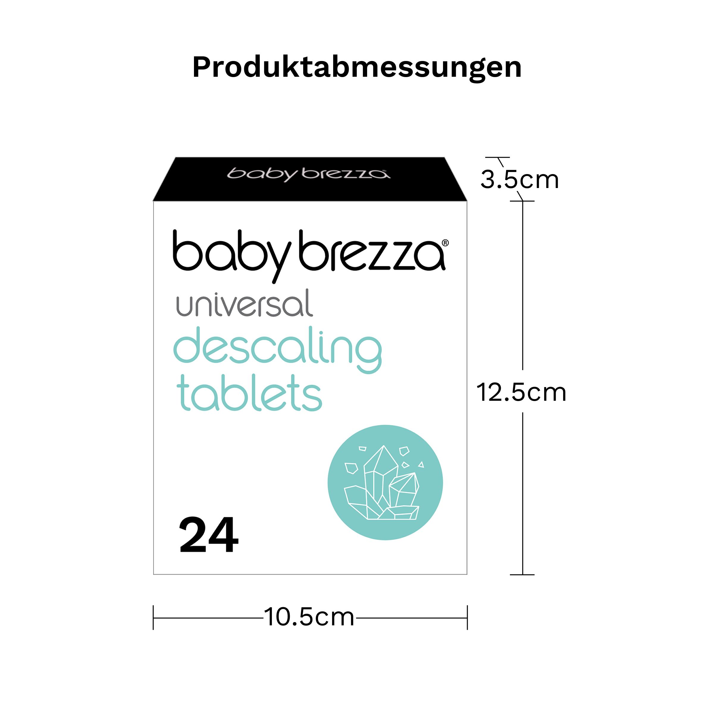 Weiße Packung mit Baby Brezza Logo. Text: Universal Descaling Tablets, 24 Tabletten. Maße: 10,5 x 12,5 x 3,5 cm.