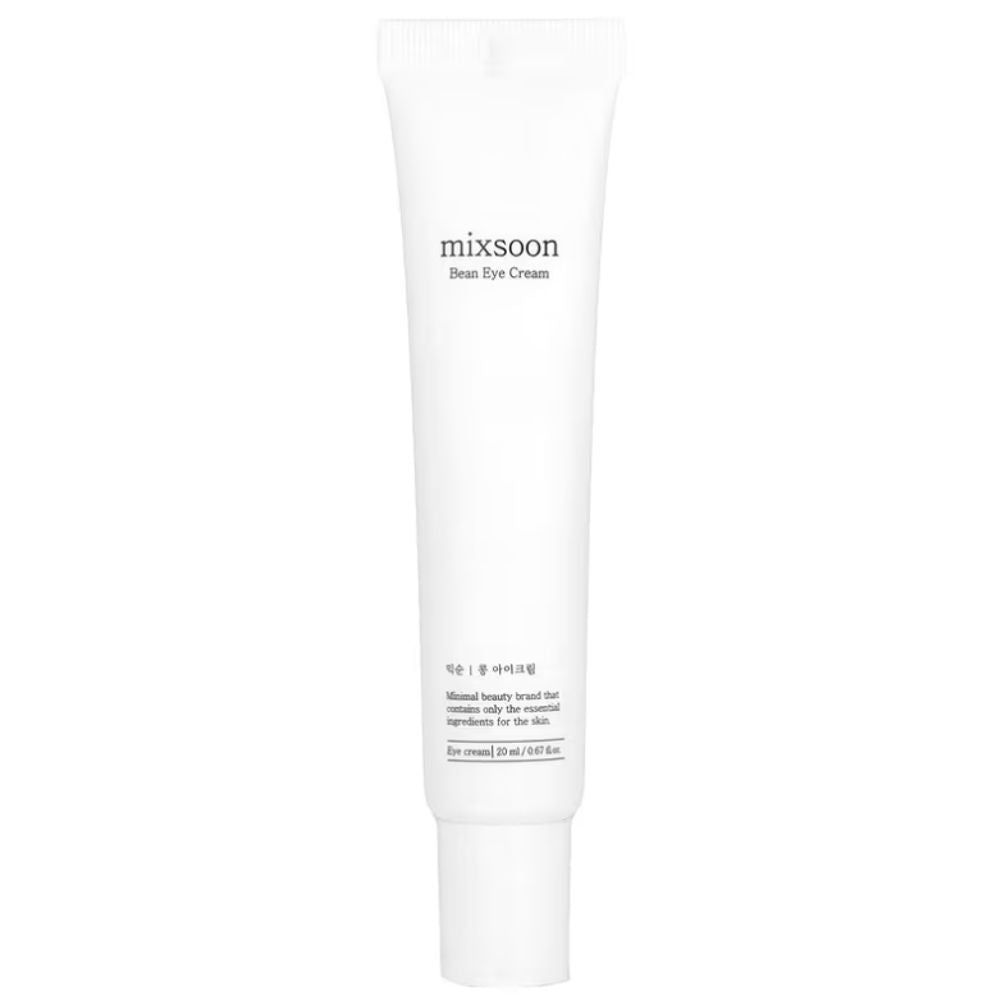 Weiße Tube mit Aufschrift "mixsoon Bean Eye Cream". Text darunter. Unterseite mit Text. 20 ml.