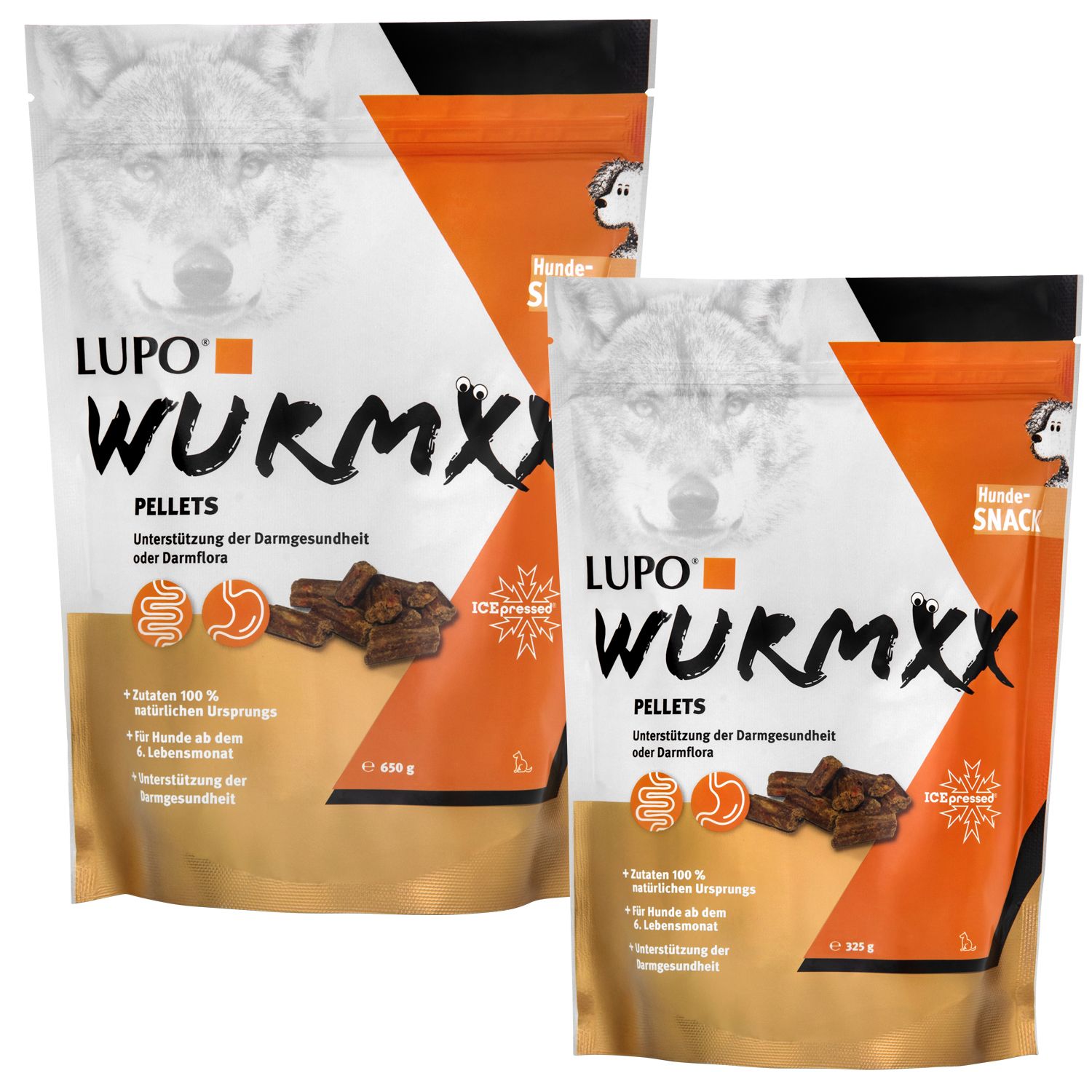 Zwei Beutel LUPO WURMXX Pellets. Orange-weißes Design mit Wolf-Illustration. Text: Unterstützung der Darmgesundheit. 650g und 325g.
