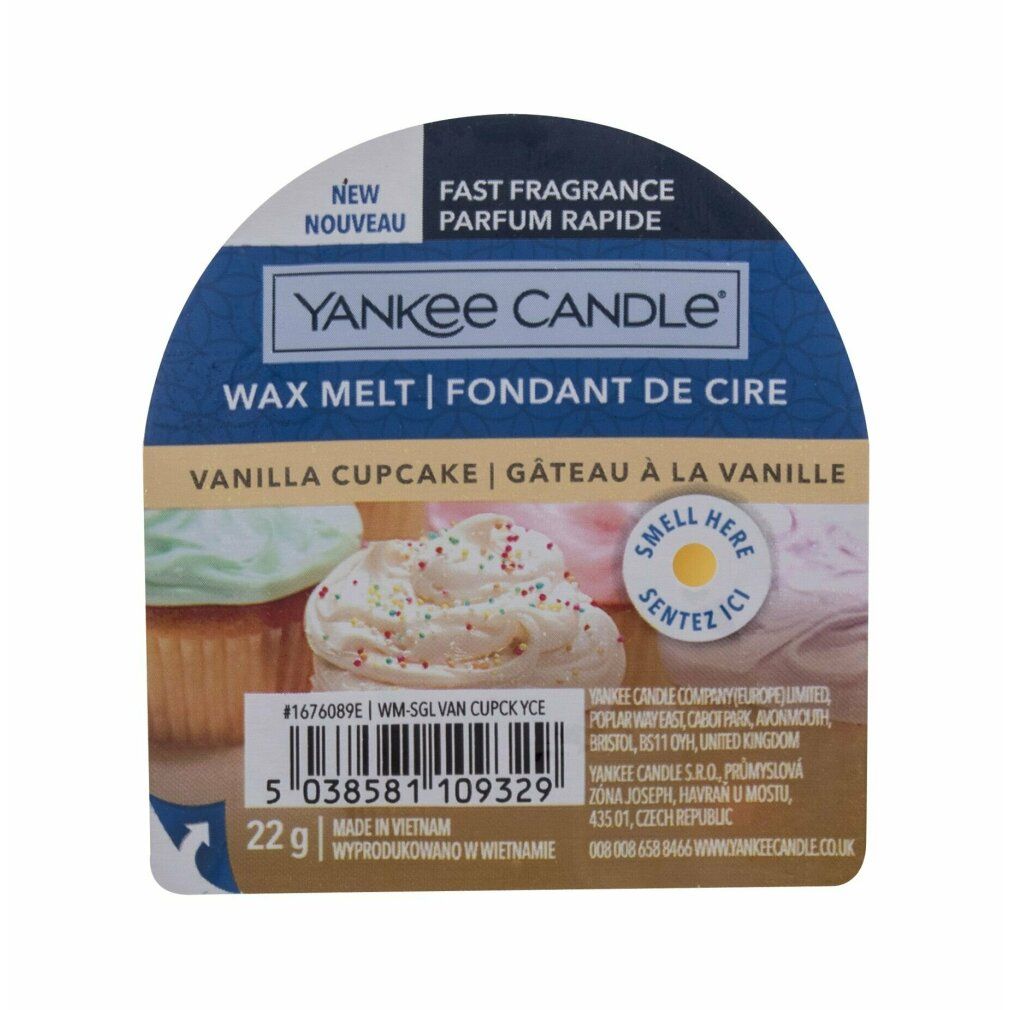 Yankee Candle Wachsmelt. Halbkreisförmige Verpackung mit Cupcake-Motiv. Text: Vanilla Cupcake. 22g.