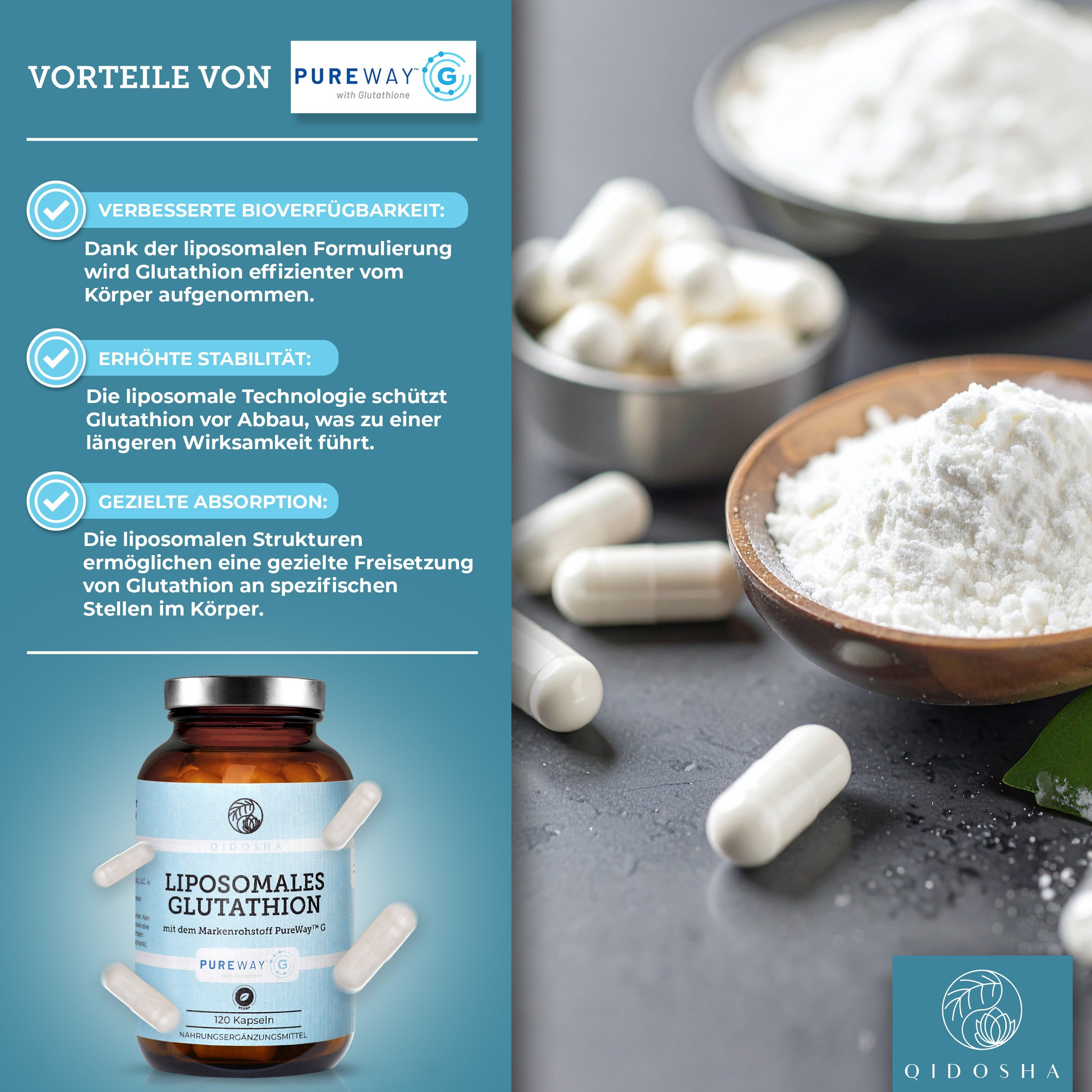 Flasche mit Liposomalem Glutathion Kapseln, Pulver in Schalen und einzelne Kapseln.
