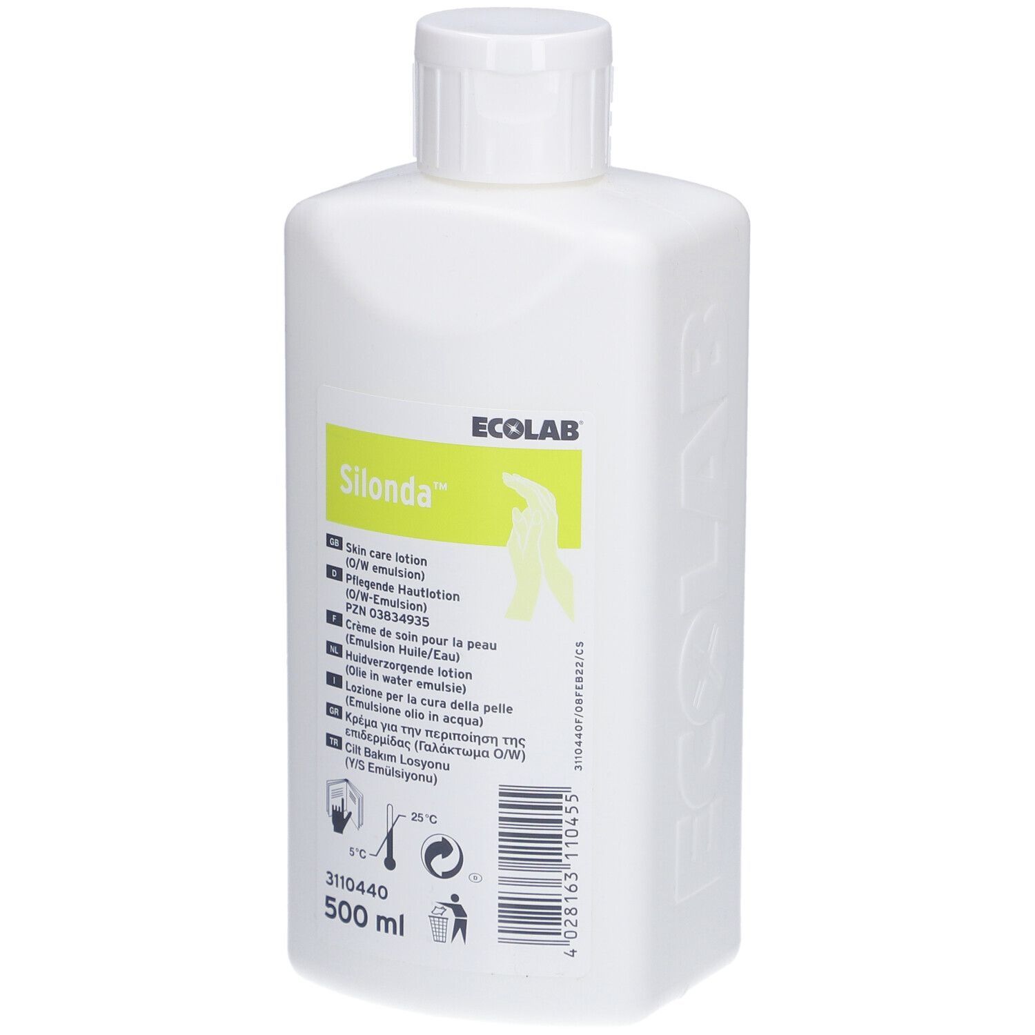 Weiße Flasche mit Schraubverschluss. Aufschrift: Silonda, Ecolab. Enthält 500 ml. Etikett mit Produktinformationen.