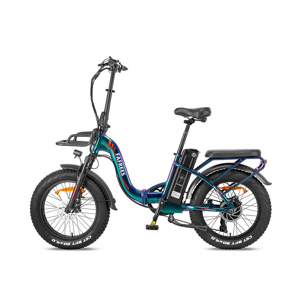 Faltbares E-Bike mit breiten Reifen. Marke Fafrees. Schwarz, blau und grün. Gepäckträger, Korb, Schutzbleche. Akku am Rahmen.