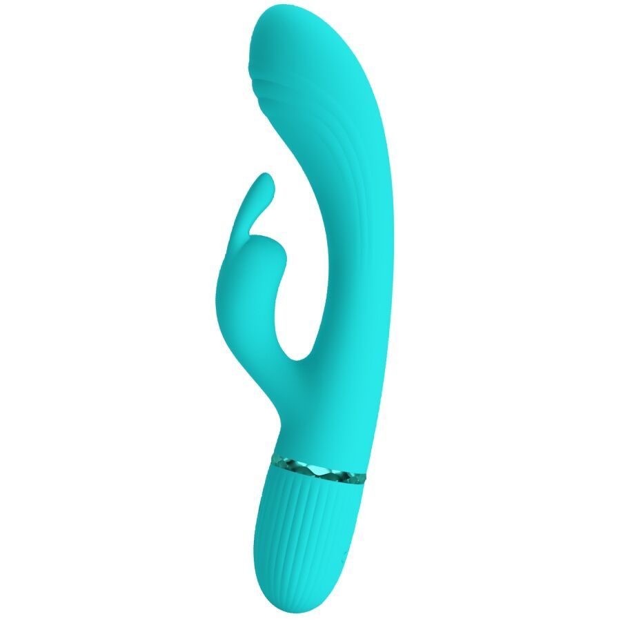 Türkisfarbener Vibrator mit Kaninchenohren-Design. Geformt mit geriffelter Basis und glatter Oberfläche.