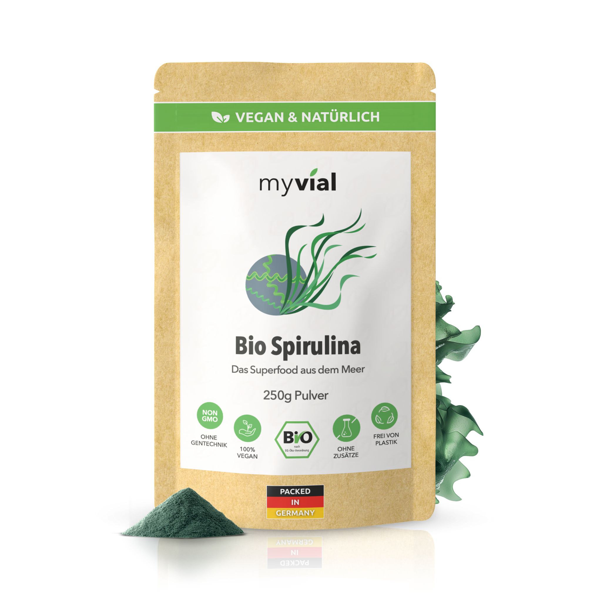 myvial® Bio Spirulina Pulver - 250 g mit Phycocyanin & Chlorophyll vegan laborgeprüft