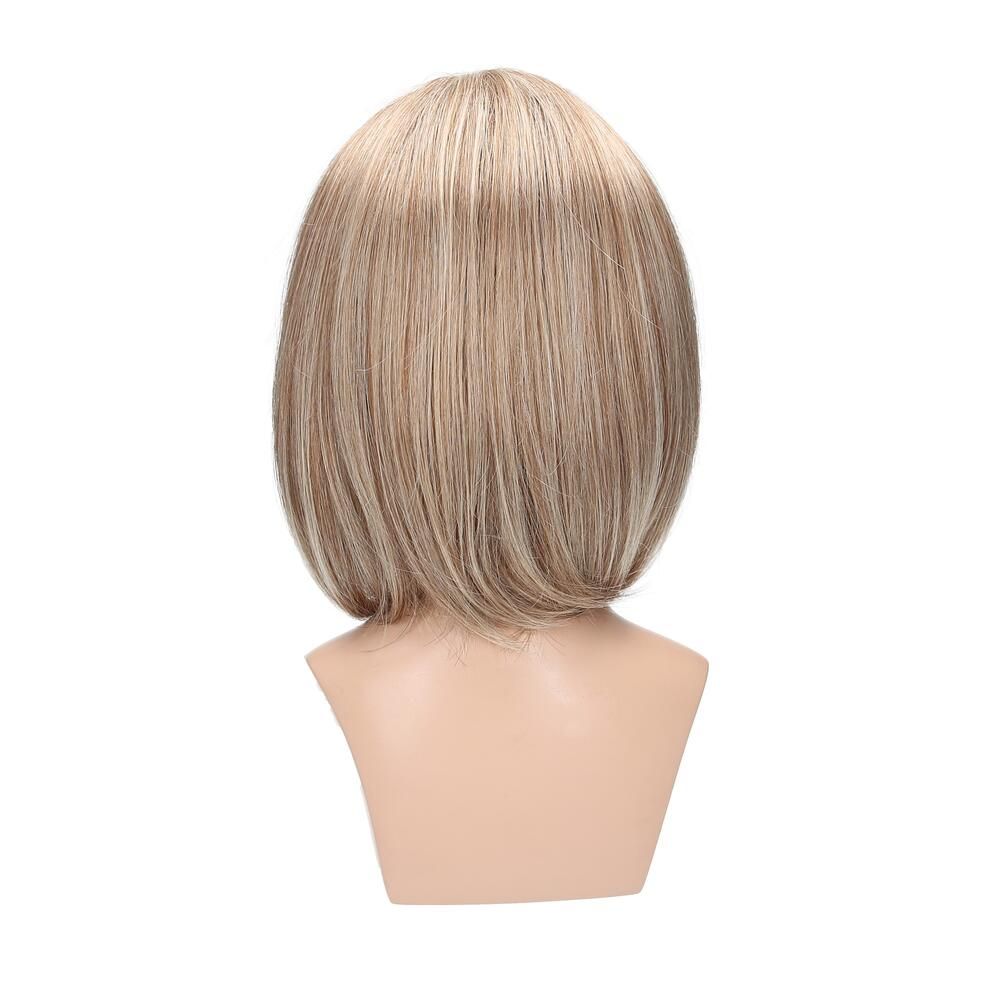 Perücke Nicole von Lofty auf Schaufensterpuppe. Blond mit braunen Strähnen, Bob. Rückansicht.