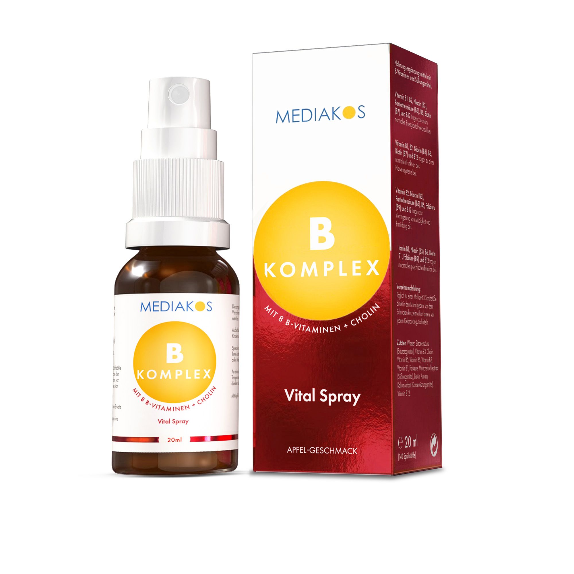 Mediakos Vitamin B Komplex Vital Spray Flasche und Karton.