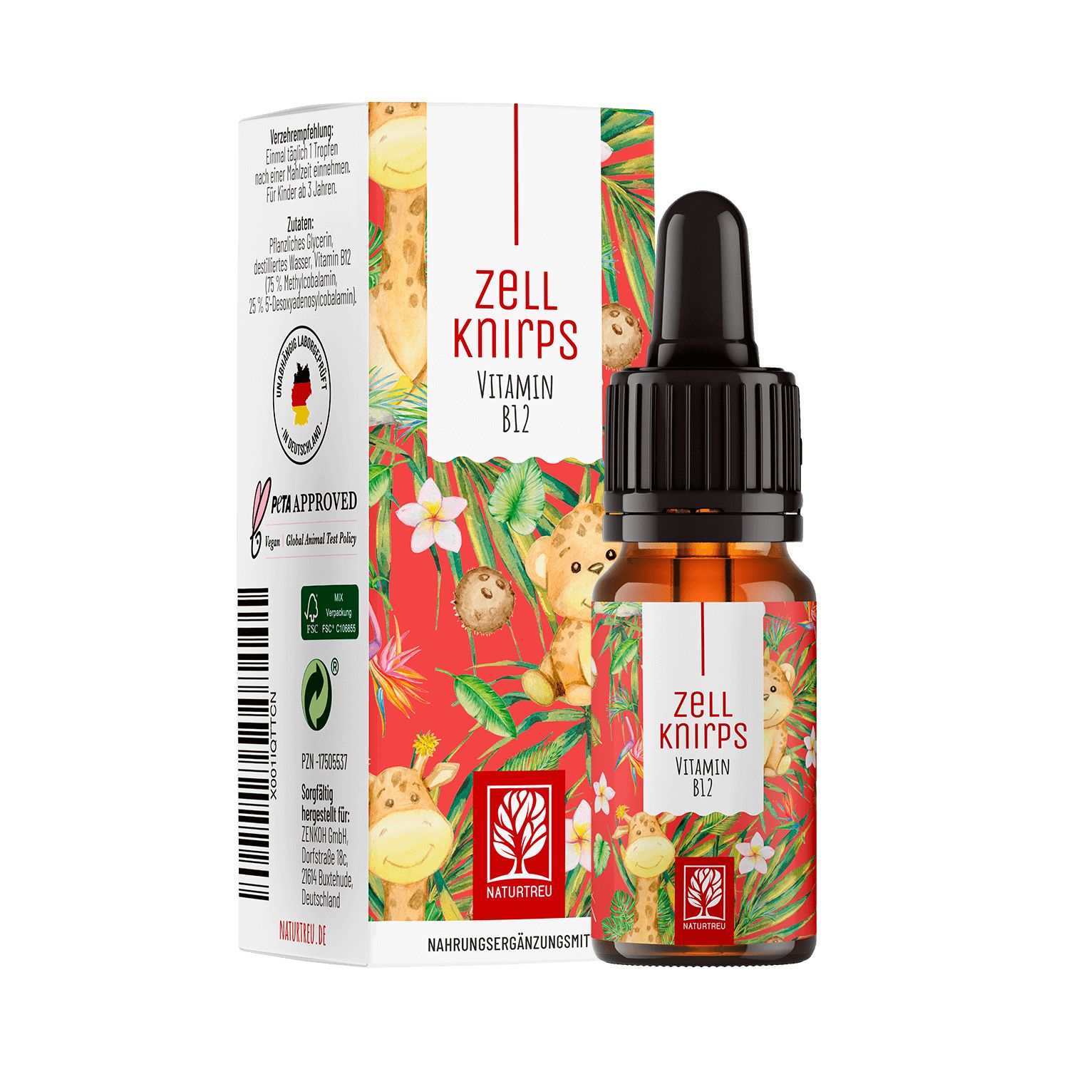 Braune Tropfenflasche mit schwarzem Deckel und Karton. Aufschrift: Zellknirps Vitamin B12. PETA-Logo.