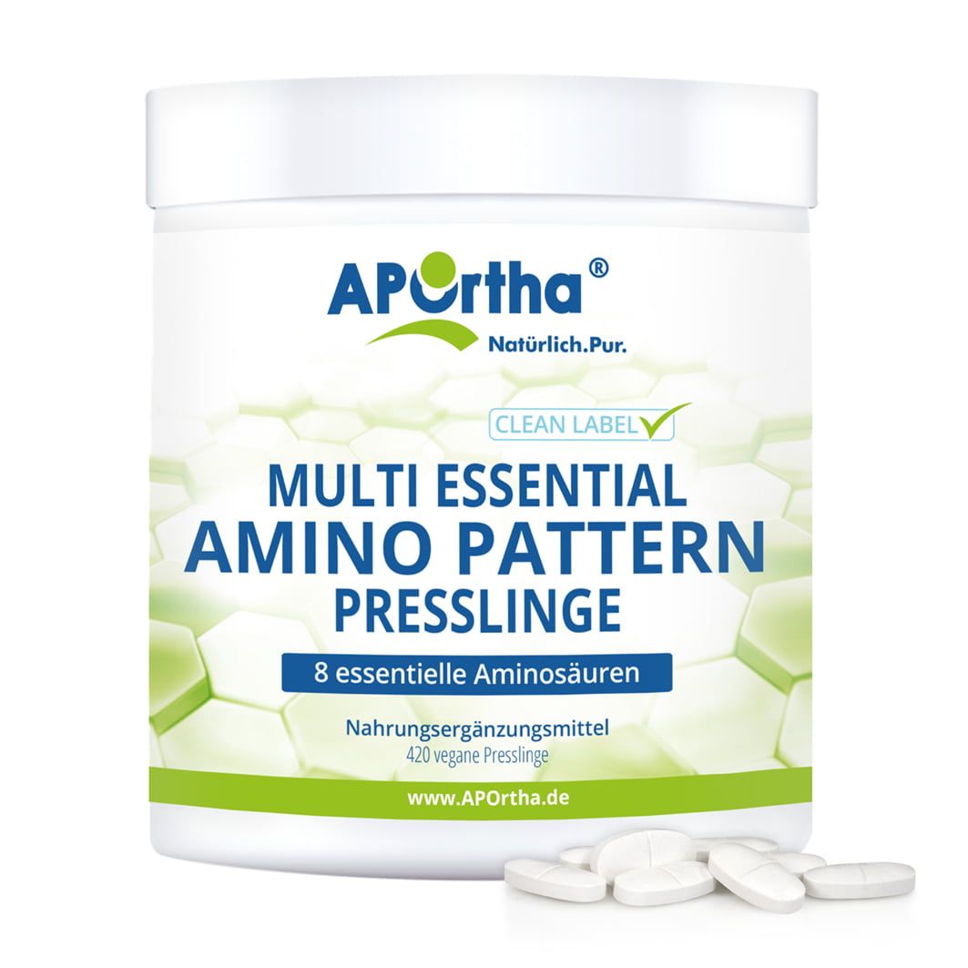 Produktabbildung von APOrtha® Aminosäuren-Presslingen. Zeigt eine Dose mit Tabletten. Enthält Informationen zu Inhaltsstoffen und Zertifizierungen.